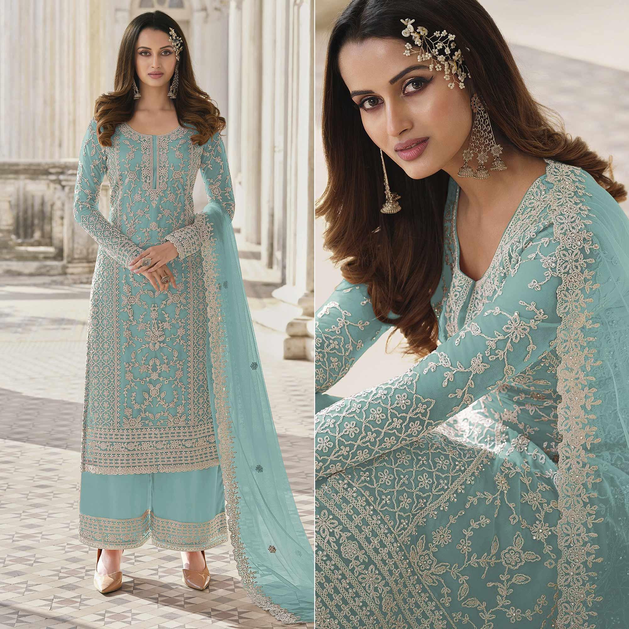Peachmode Light Blue Embroidered Netted Pakistani Suit