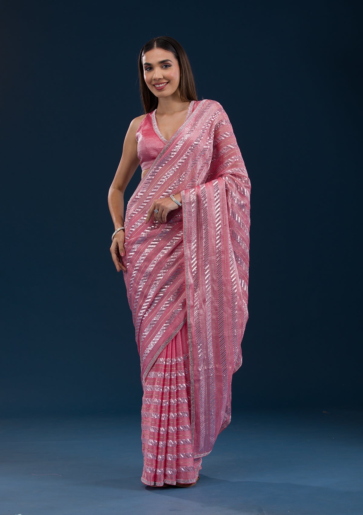 Koskii Peach Sequins Semi Crepe Saree – Women's