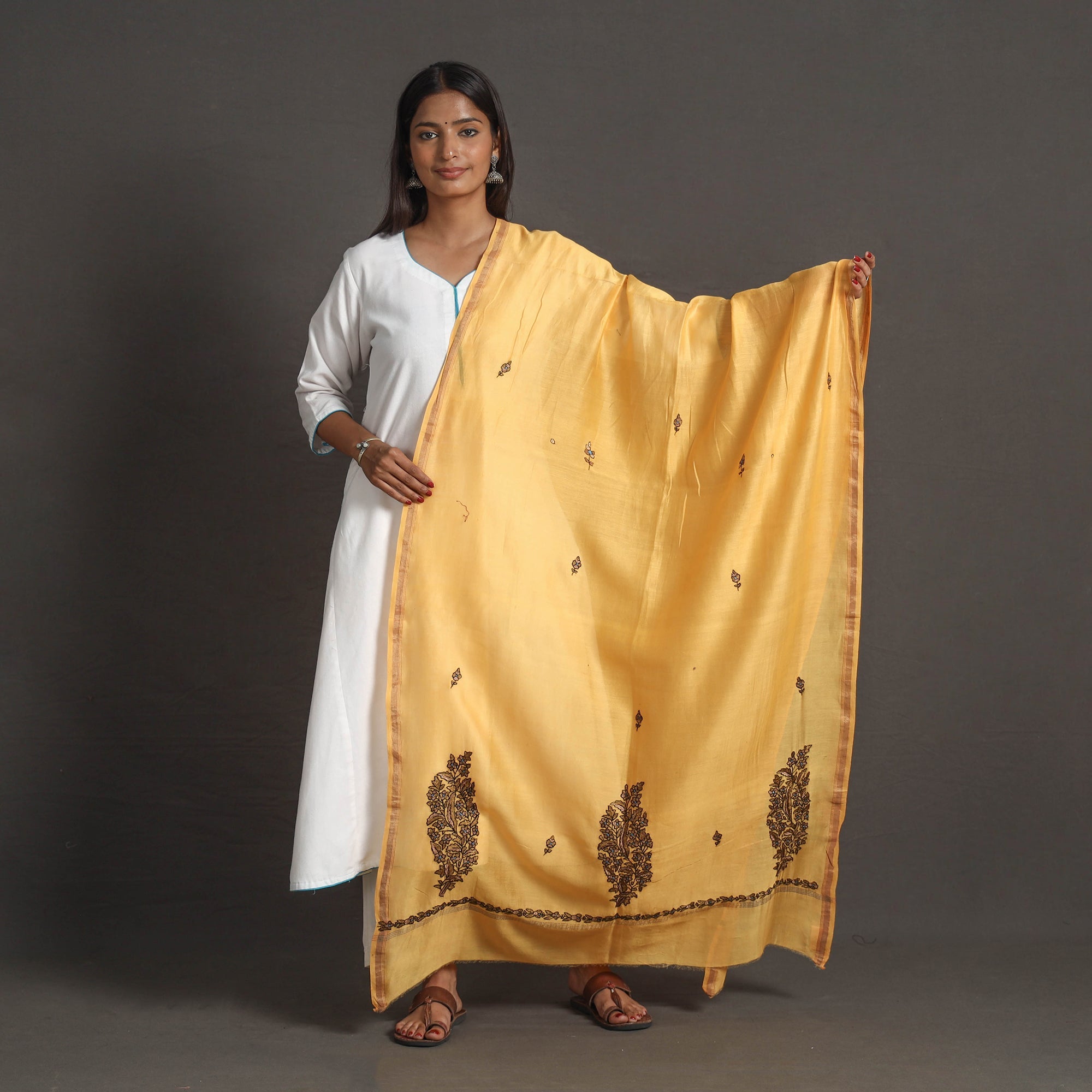 ITOKRI CRAFTS INITIATIVE Handloom Chanderi Silk Kashida Embroidery Dupatta 18