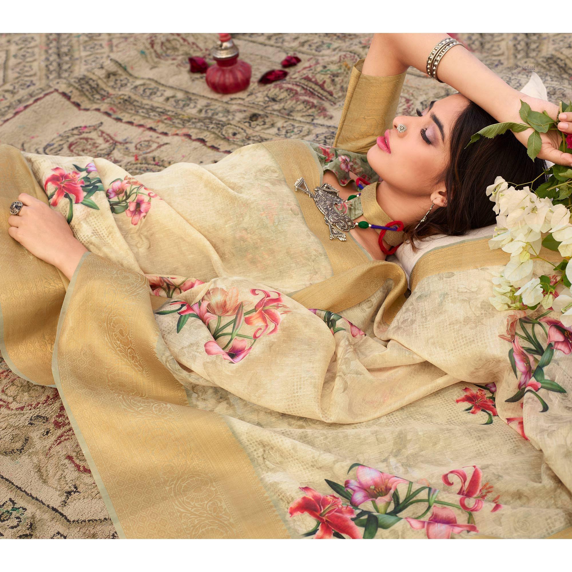 Peachmode Hypnotic Yellow Colored Festive Wear Digital Floral Printed Linen Saree - view 2