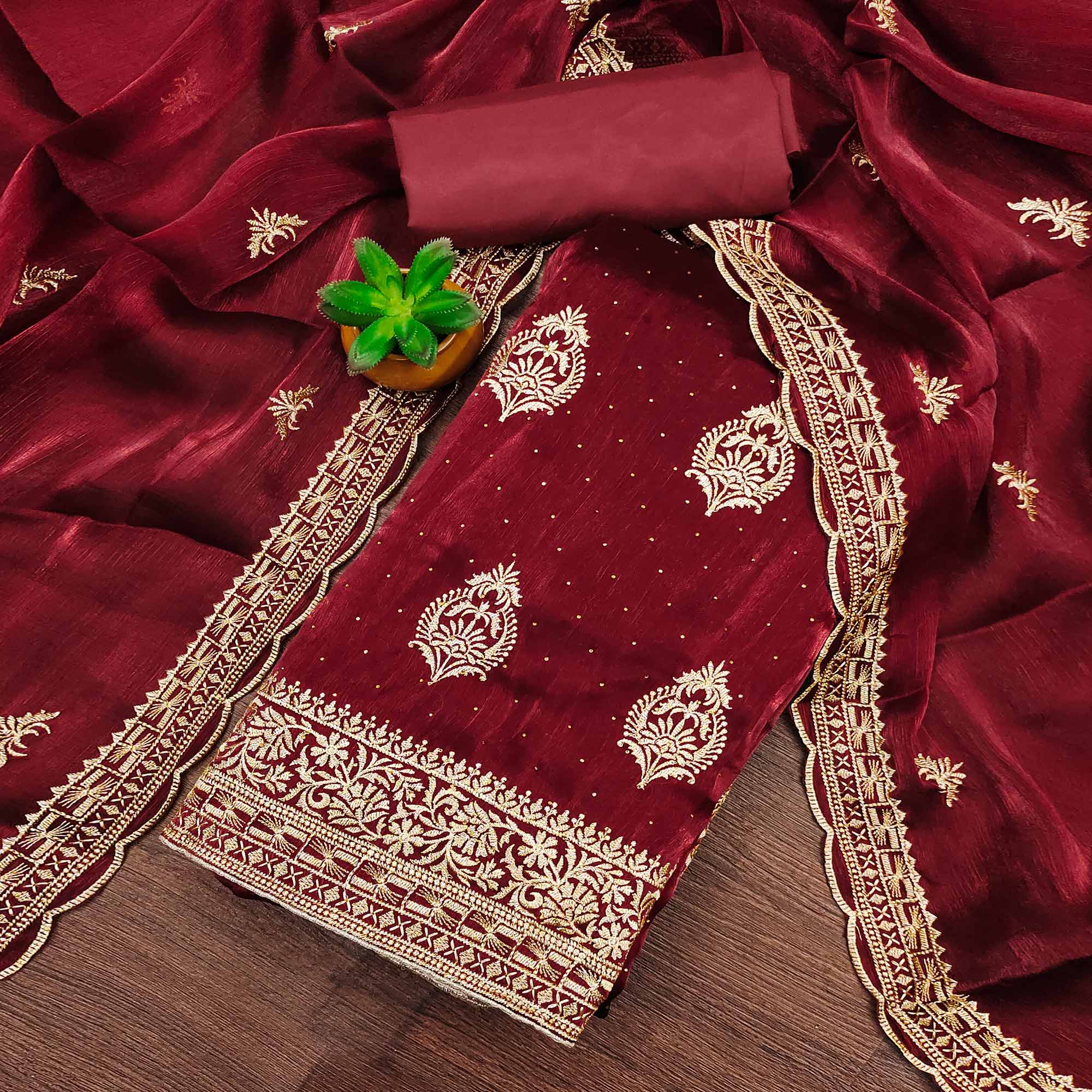 Peachmode Maroon Floral Embroidery With Stonework Mulberry Silk Dress Material