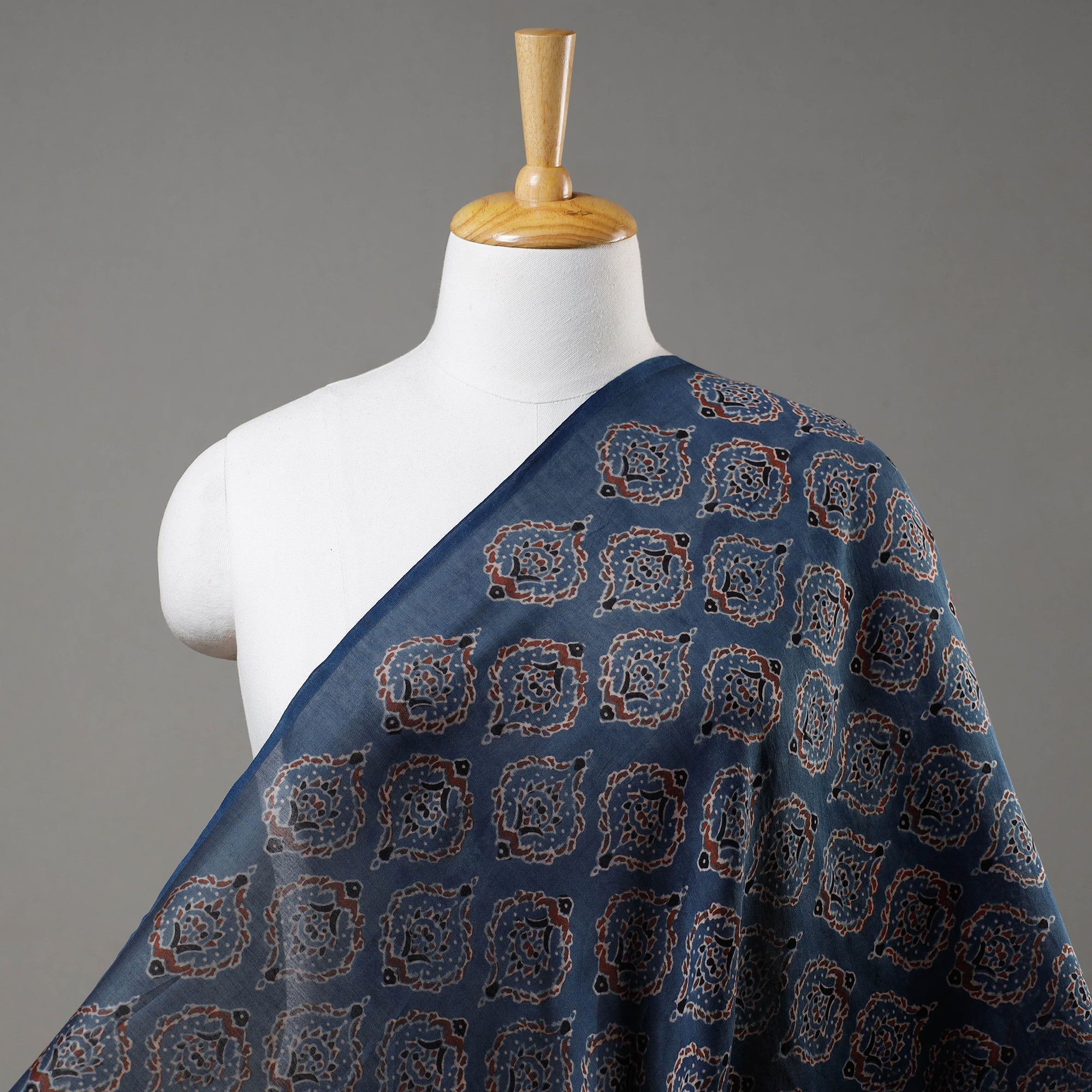 AJRAKH BY JABBAR KHATRI Blue - Ajrakh Block Printed Handloom Chanderi Silk Fabric