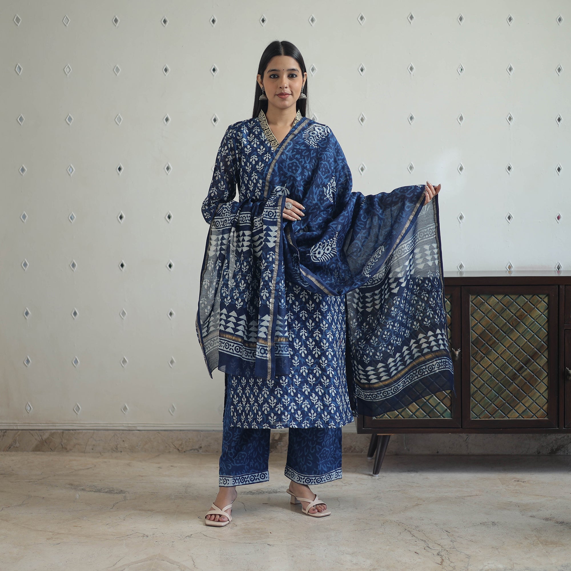 ITOKRI CASUALS Blue - Hand Block Bagru Print Chanderi Silk Kurta Set 04 - view 2