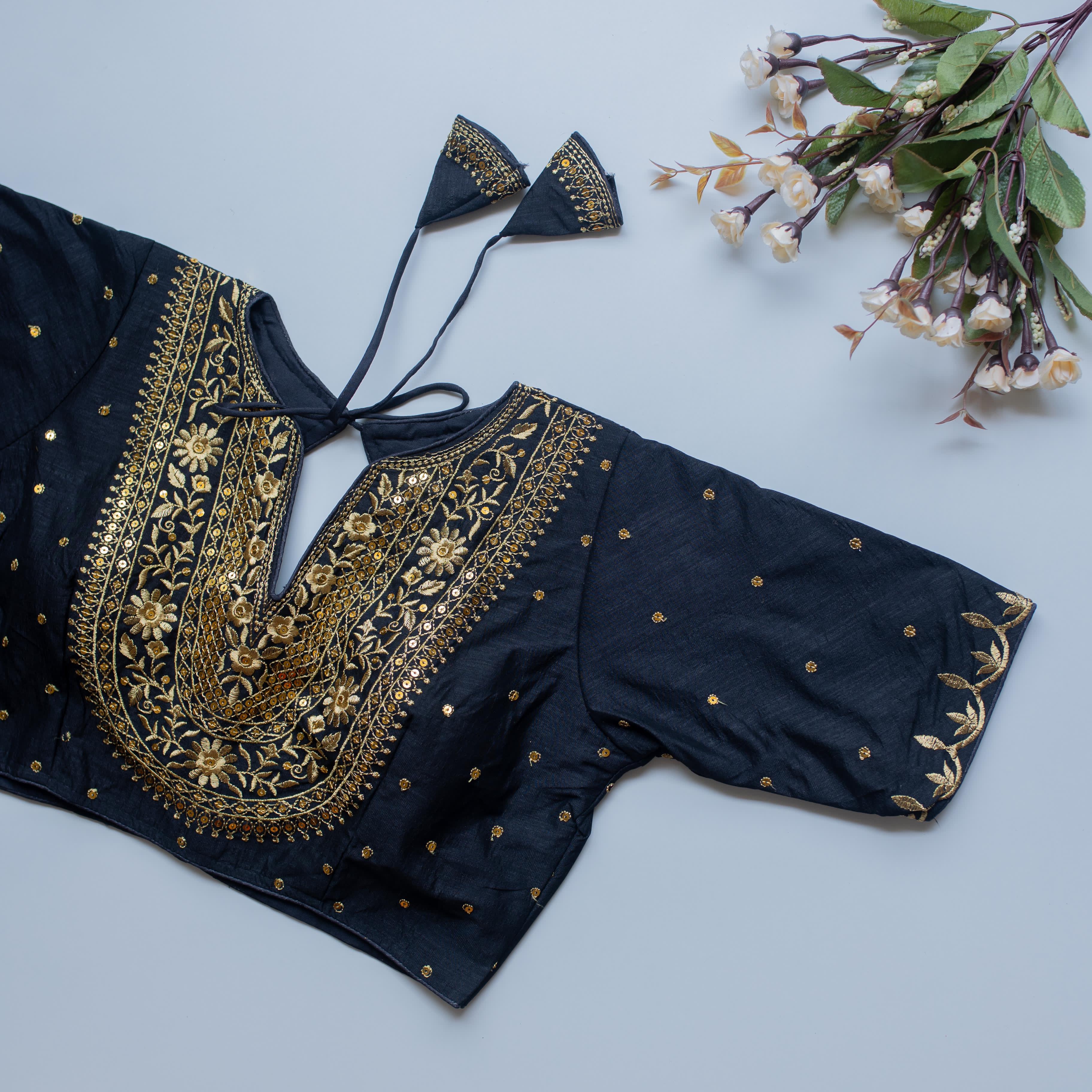 ClothsVilla Navy Blue Olive Silk Blouse with Golden Embroidery and Sequence Accents