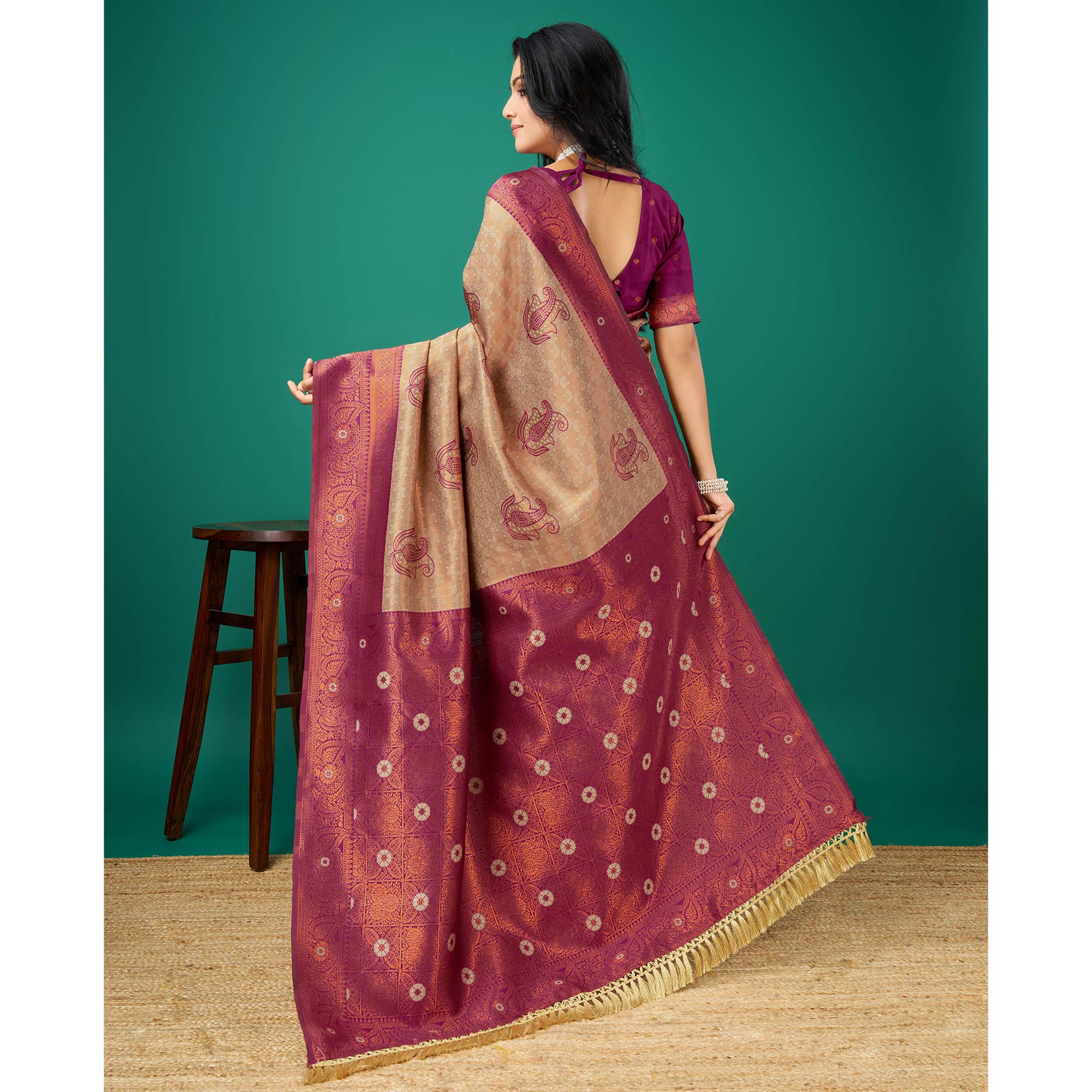 Peachmode Chikoo Zari Woven Banarasi Silk Saree With Tassels - view 5