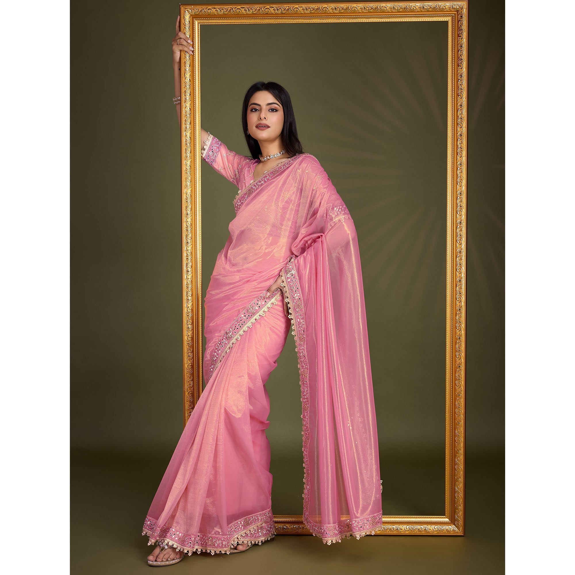 Peachmode Light Pink Sequins Embroidery With Mirror Handwork Twill Net Saree - view 4