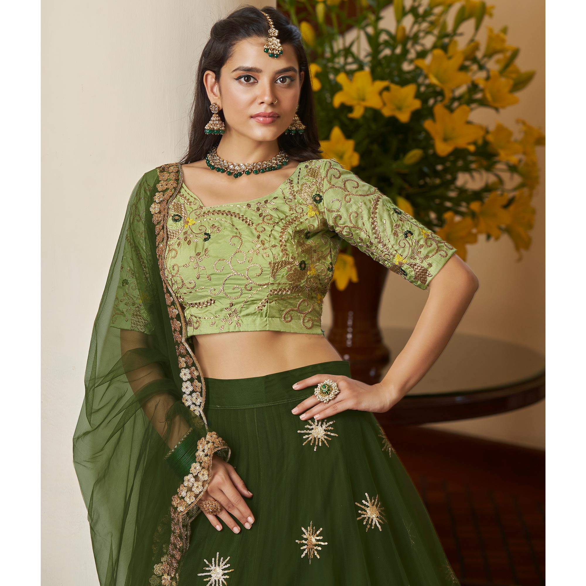 Peachmode Mehendi Green Sequins Embroidered Netted Lehenga Choli - view 4