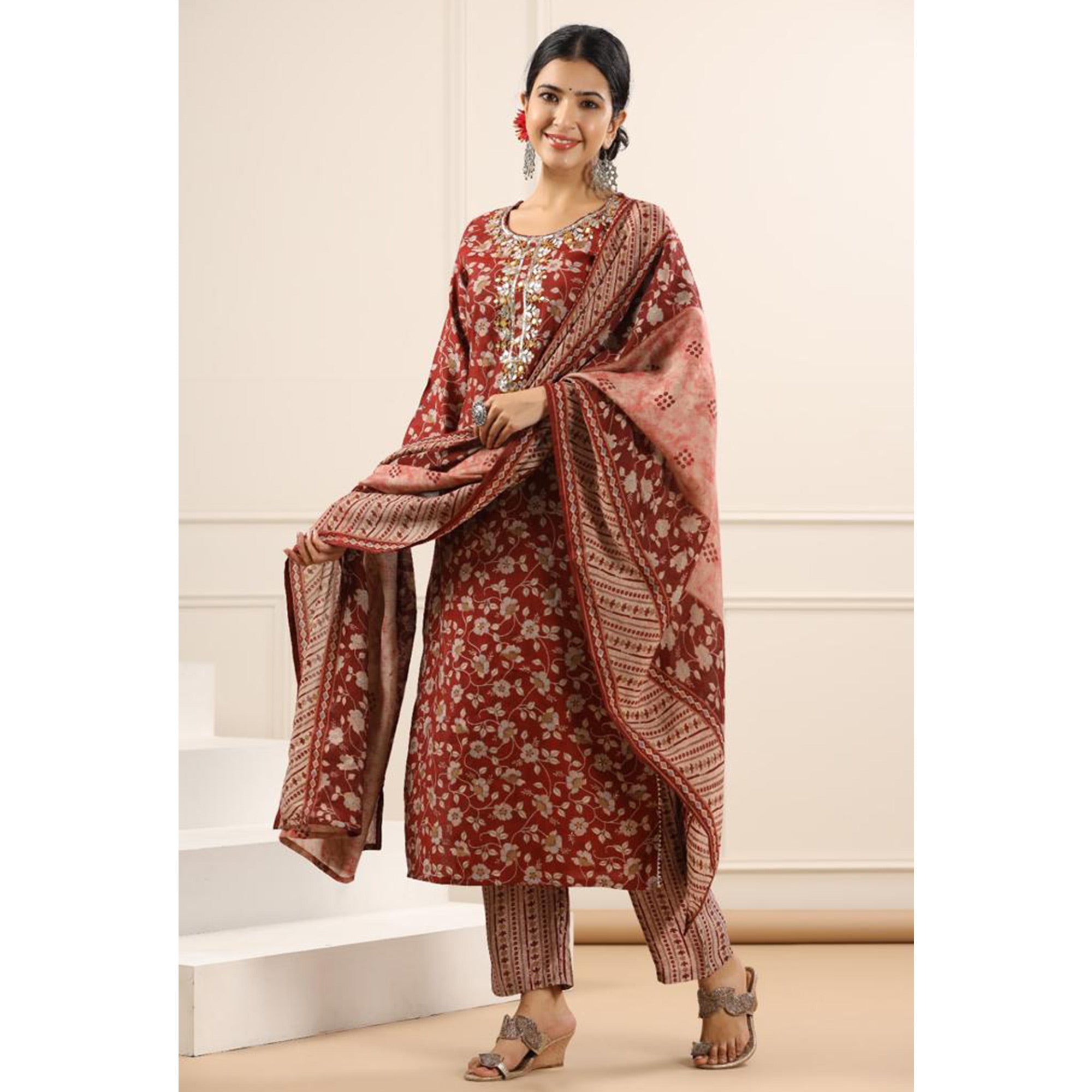 Peachmode Maroon Jaipuri Printed Chanderi Salwar Suit - view 4