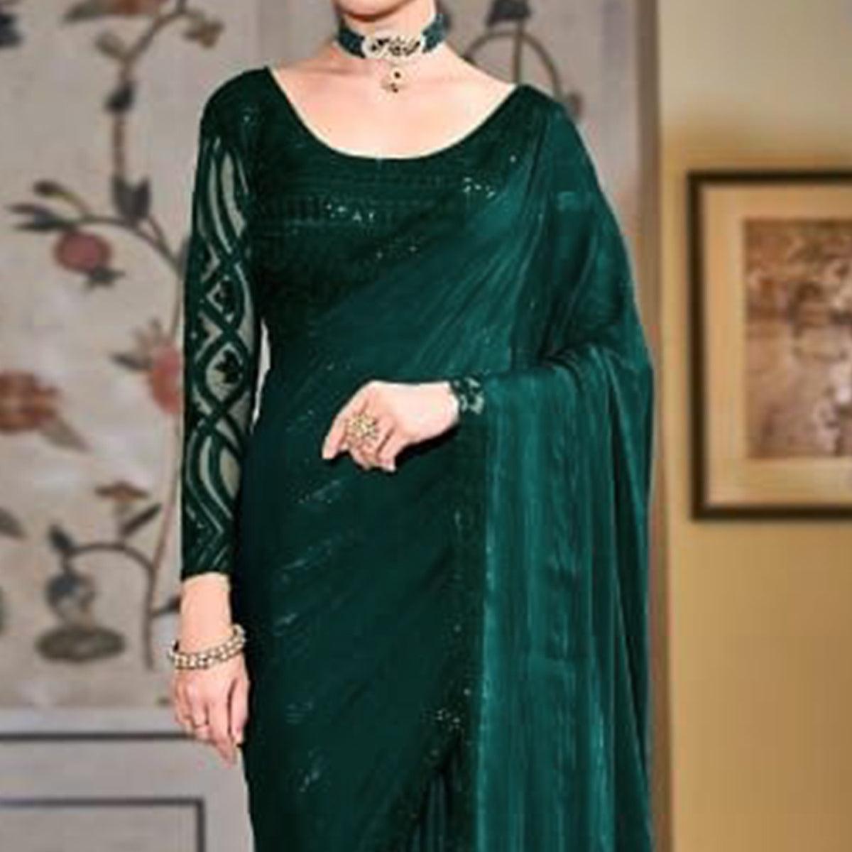 Peachmode Bottle Green Zari Striped Art Silk Saree - view 3
