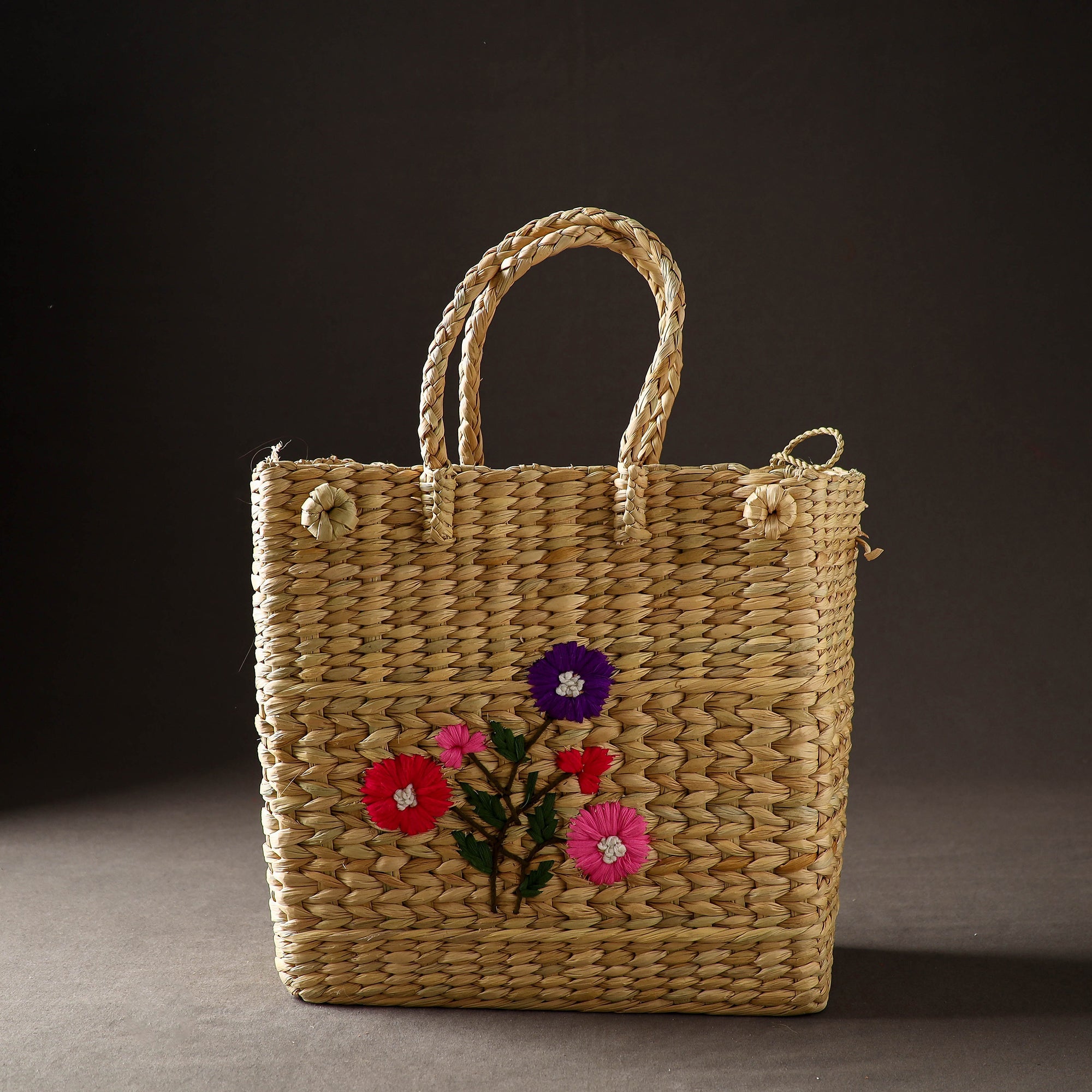 ITOKRI CRAFTS INITIATIVE Beige - Handcrafted Natural Water Reed Embroidered Shopping Bag