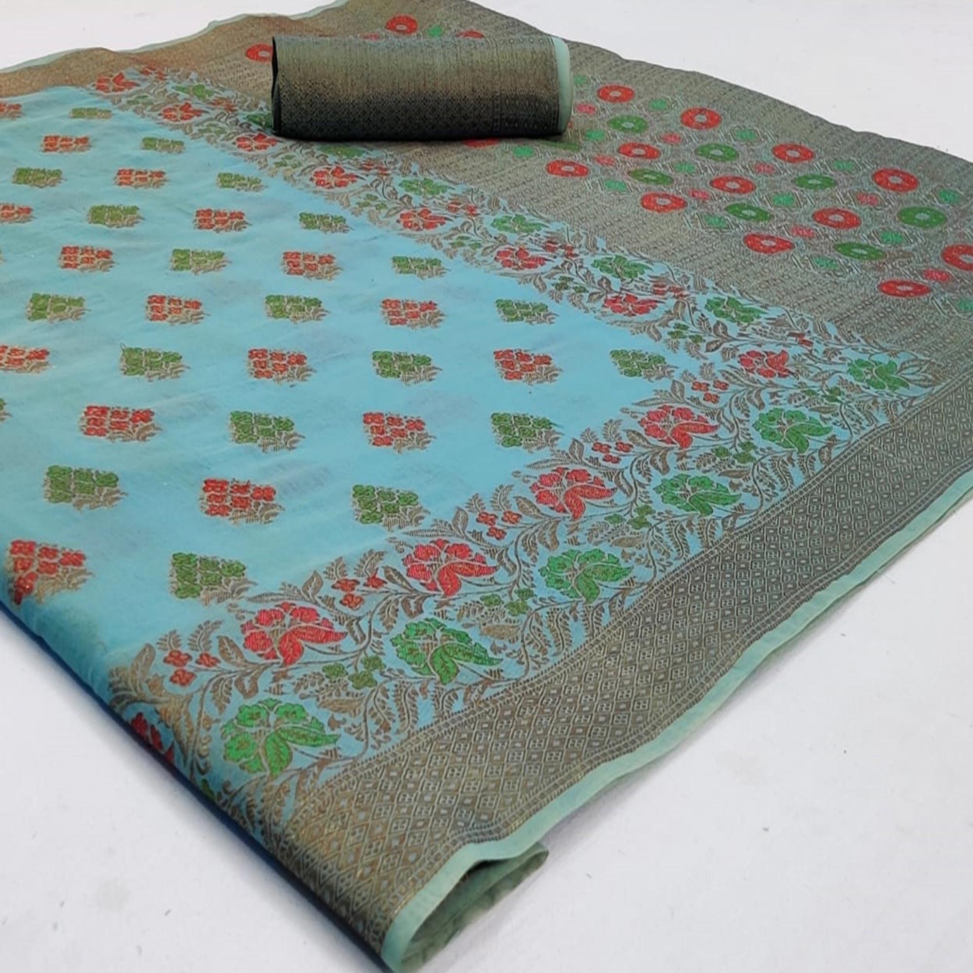Peachmode Exclusive Blue Colored Festive Wear Woven Cotton Saree