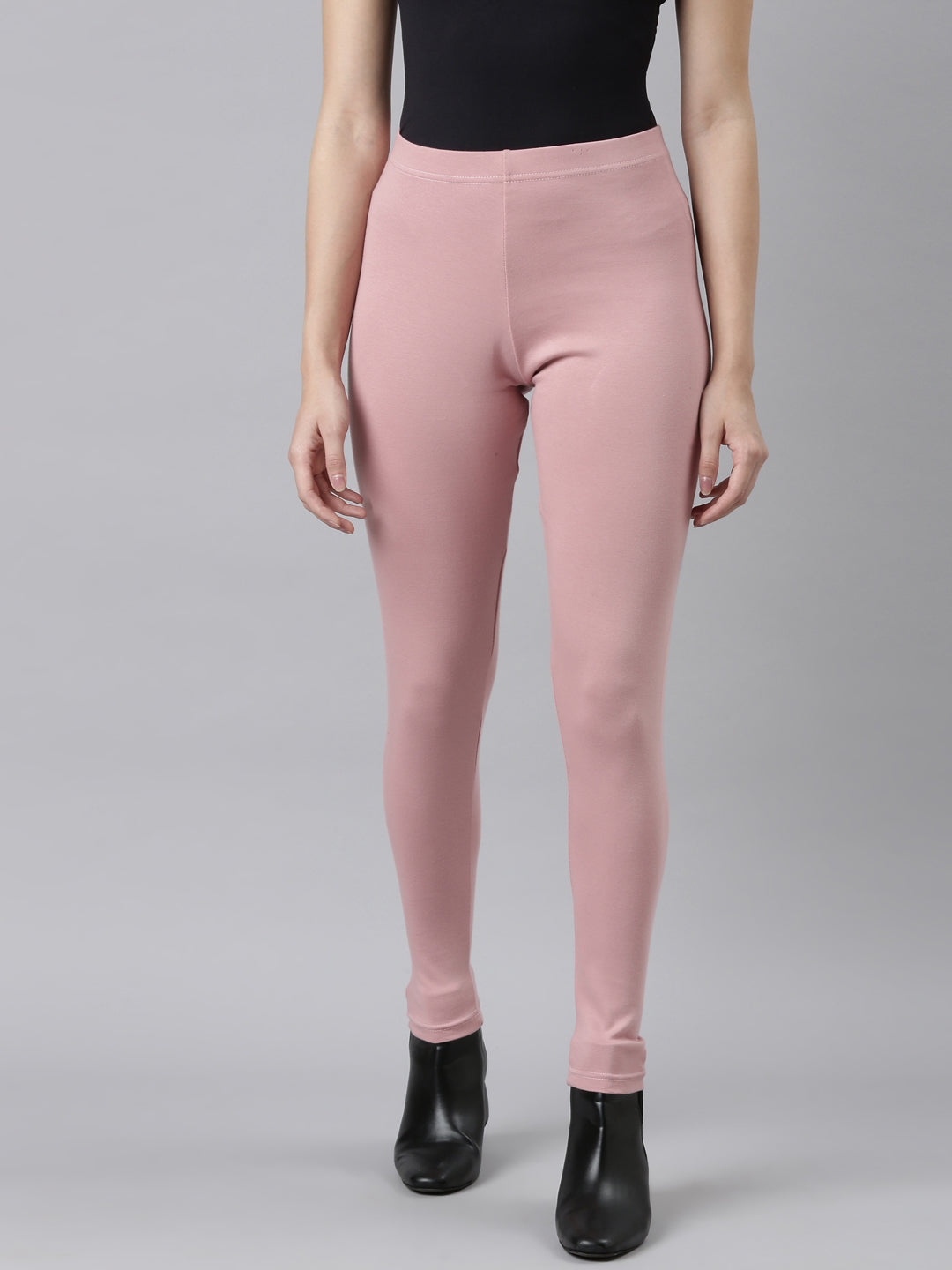 Go Colors Women Solid Baby Pink Ribbed Warm Leggings
