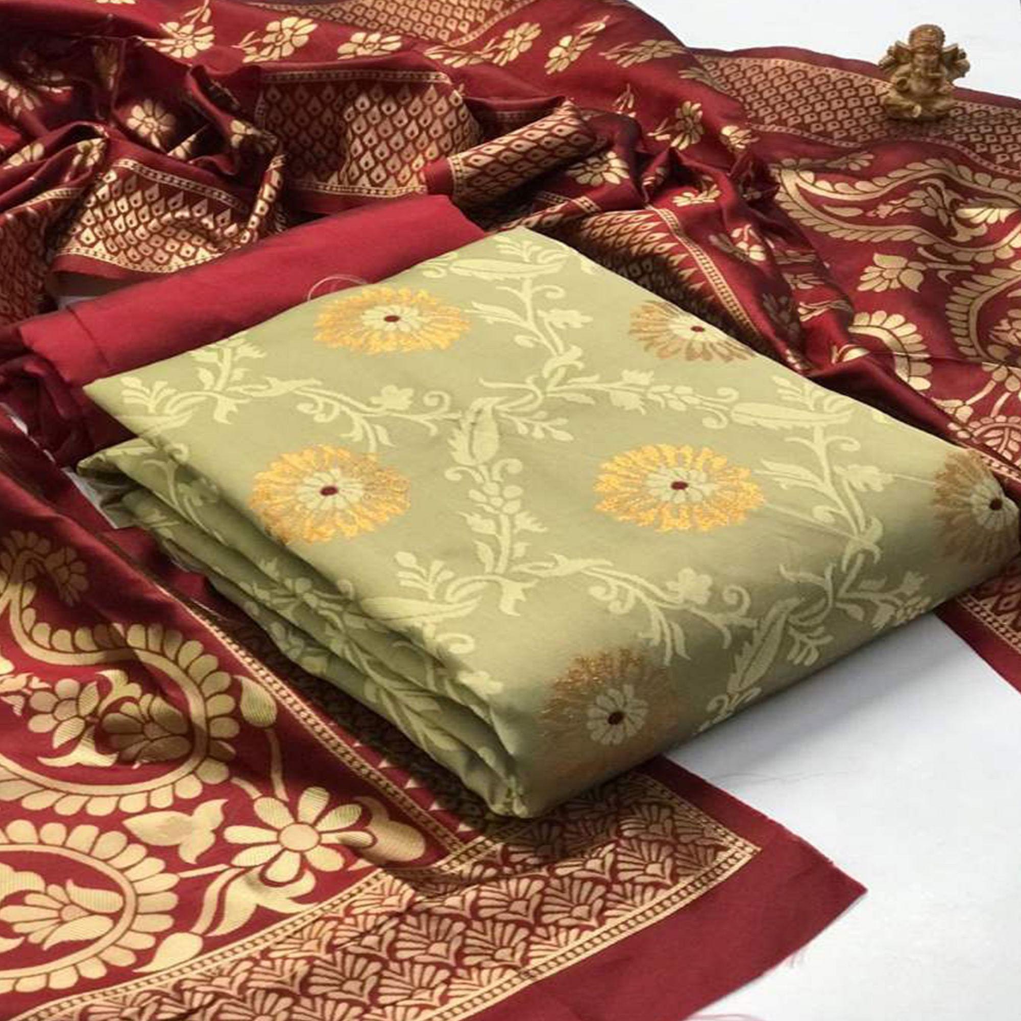 Peachmode Majesty Chiku Colored Casual Wear Banarasi Silk Dress Material