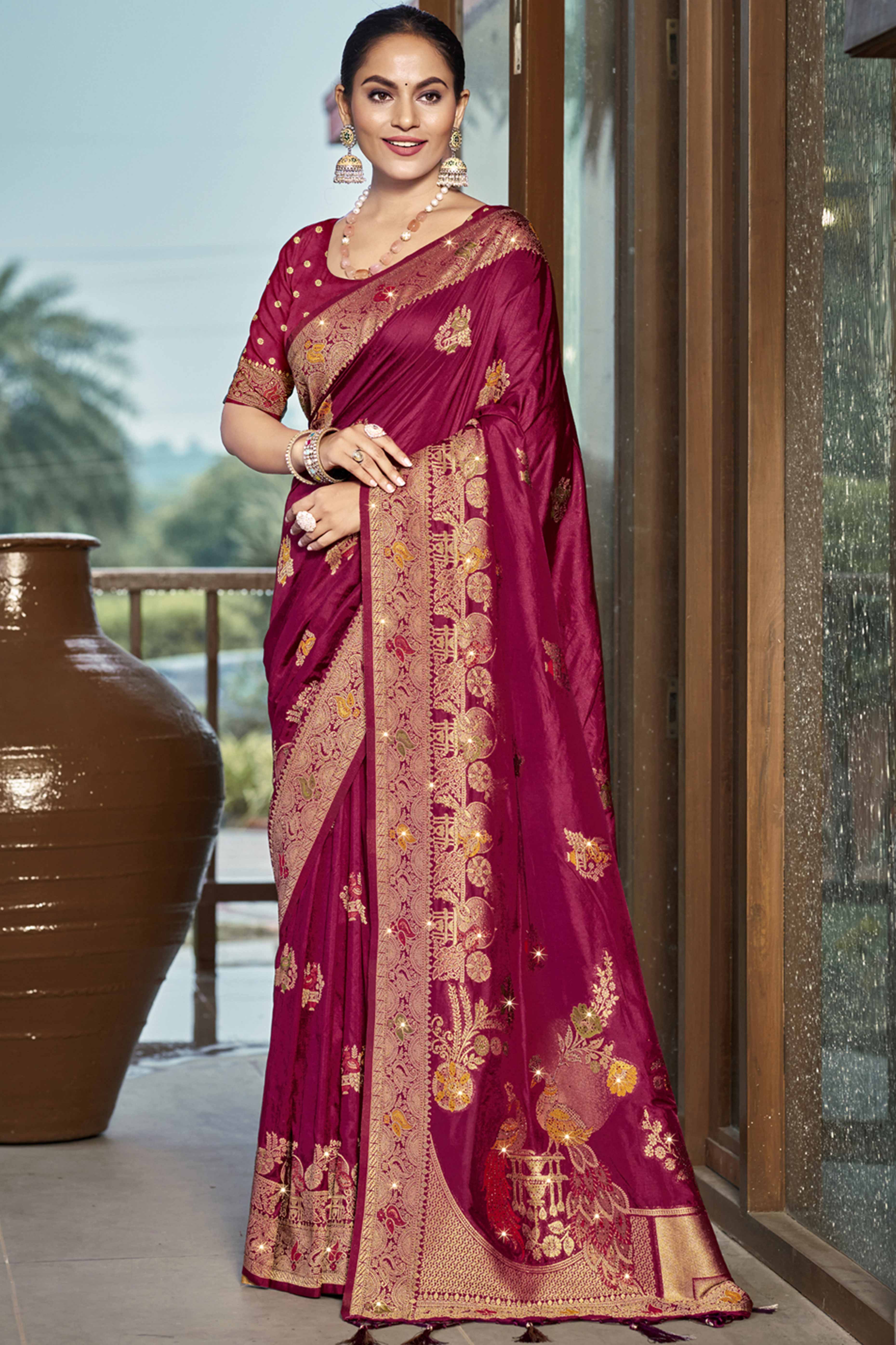Peachmode Dark Magenta Floral Woven With Swarovski Work Pure Silk Saree With Tassels
