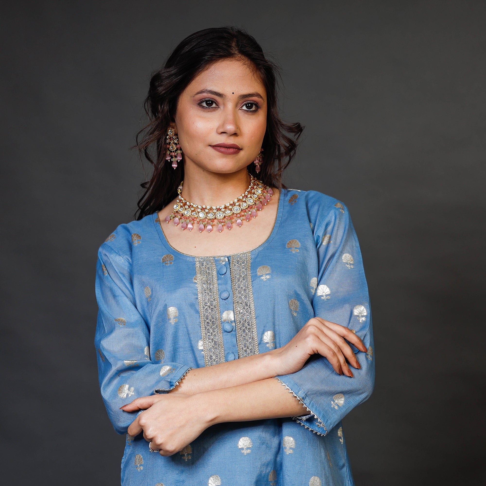 ITOKRI CASUALS Blue - Banarasi Silk Cotton Kurta with Palazzo & Dupatta Set - view 4