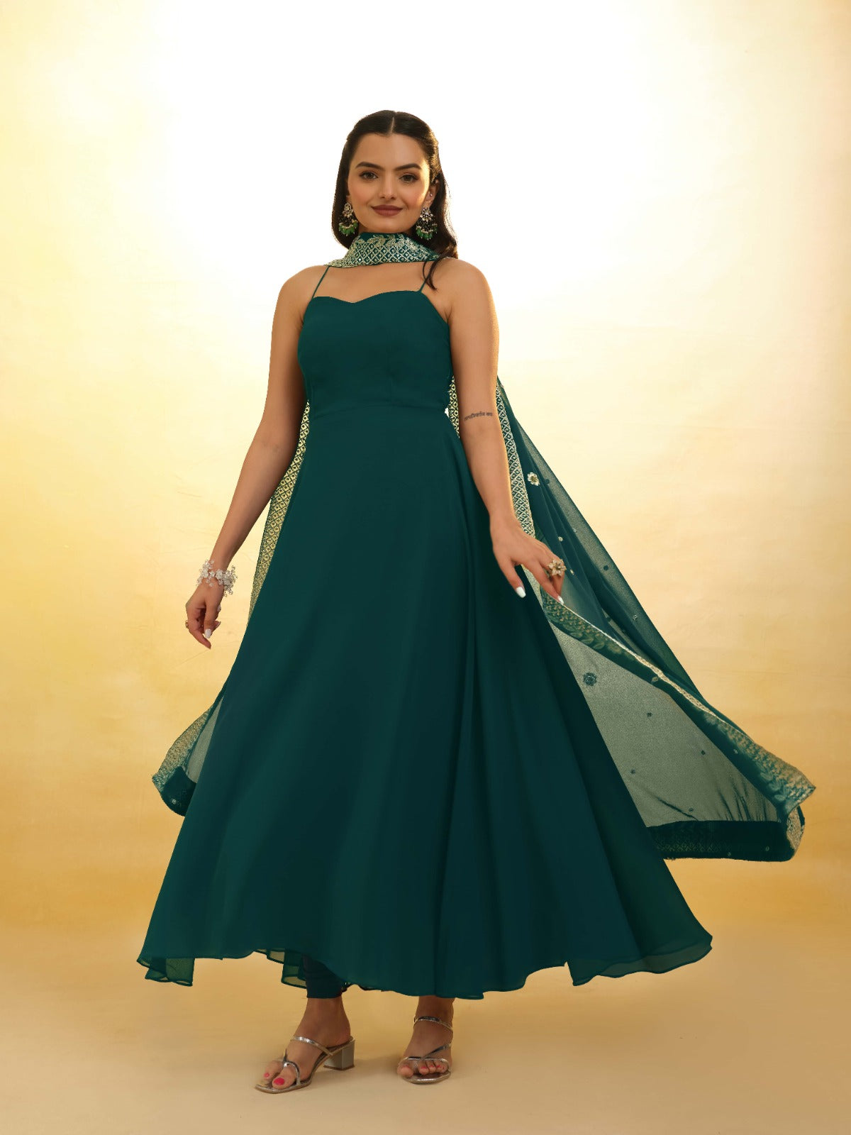 ClothsVilla Teal Color Stylish Turquoise Georgette Dress with Embroidery – Ready to Wear - view 4