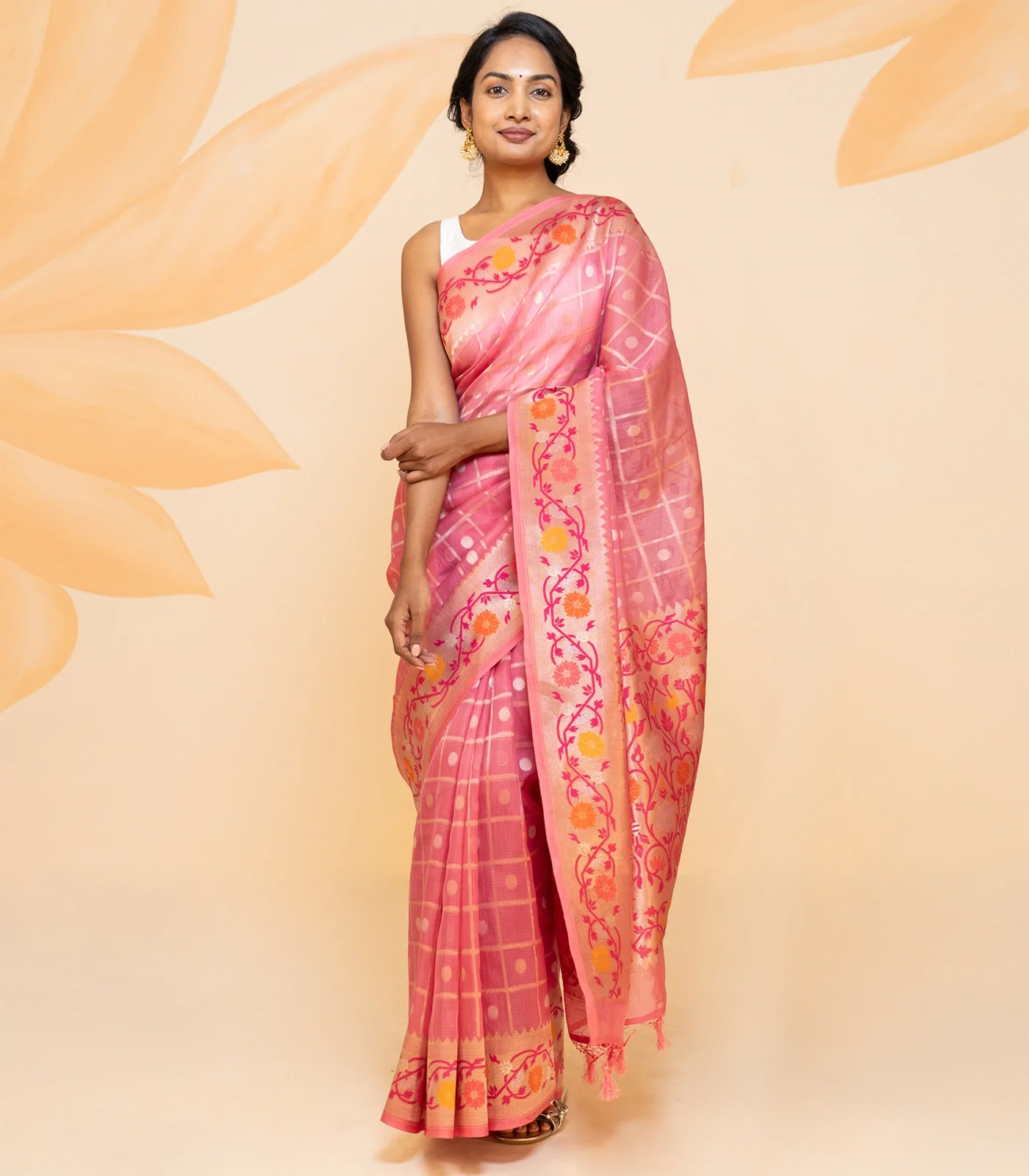 RmKV Dusty Pink Handloom Organza Silk Saree With Checks-Dusty Pink