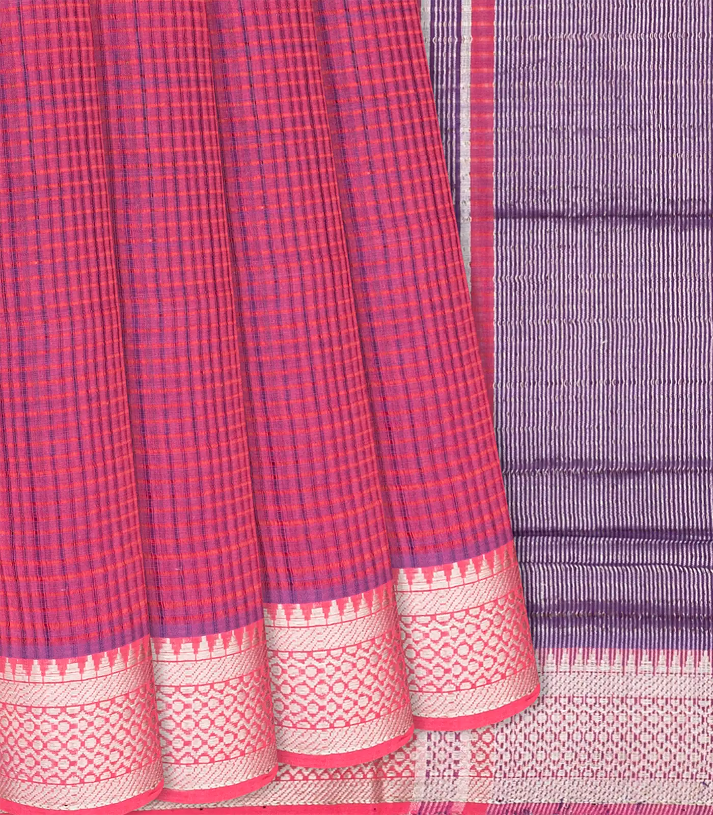 RmKV Hot Pink Mangalagiri Cotton Saree With Checks-Hot Pink