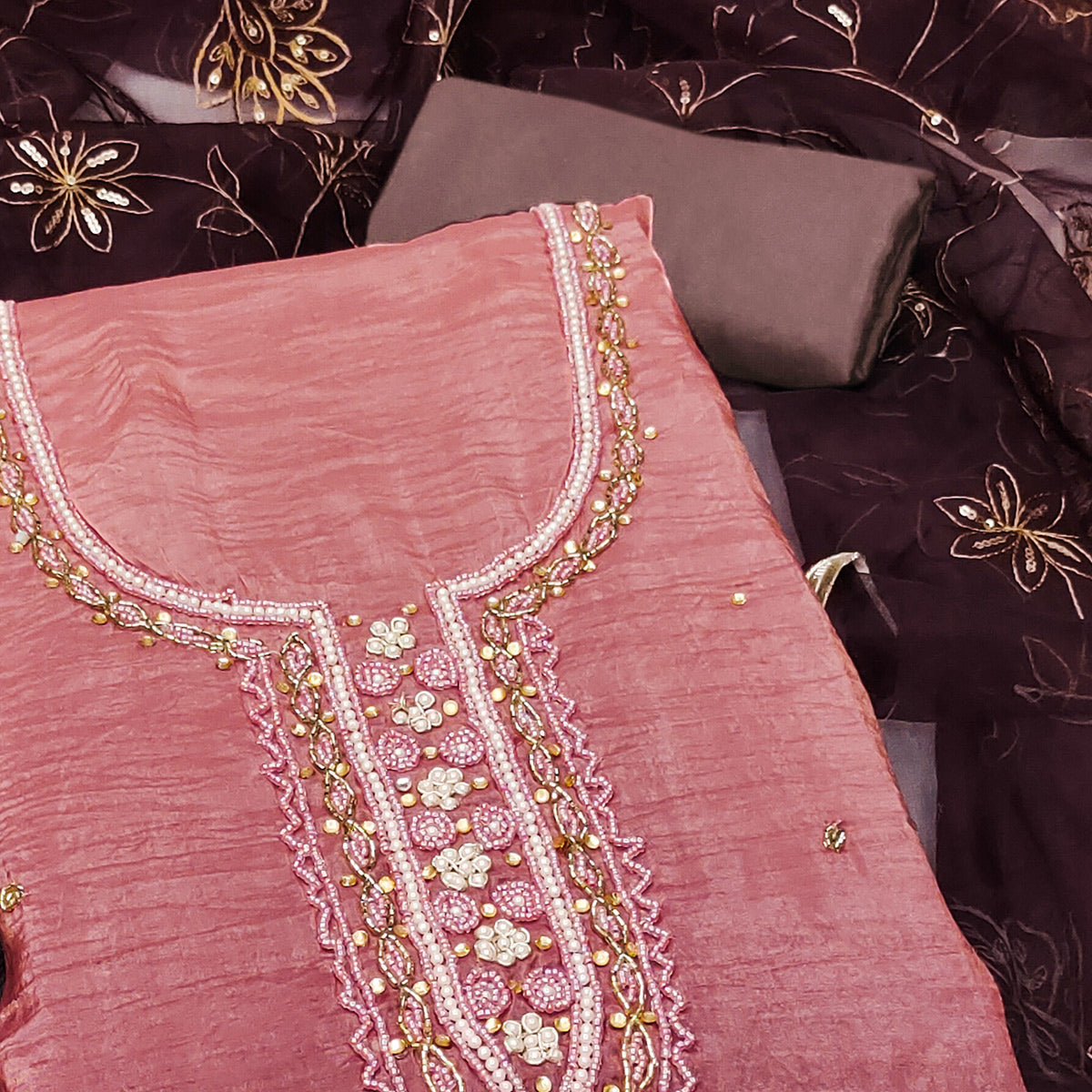 Peachmode Dusty Rose Pink Floral Handwork Viscose Dress Material - view 2