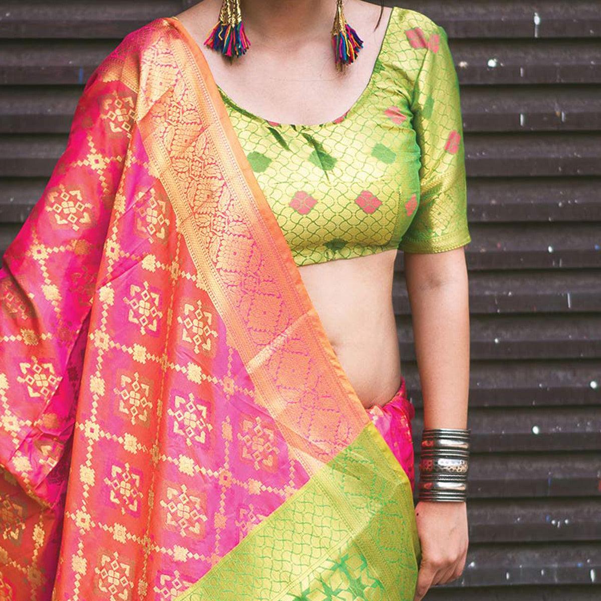 Peachmode Lovely Pink Colored Festive Wear Designer Woven Patola Silk Saree - view 2