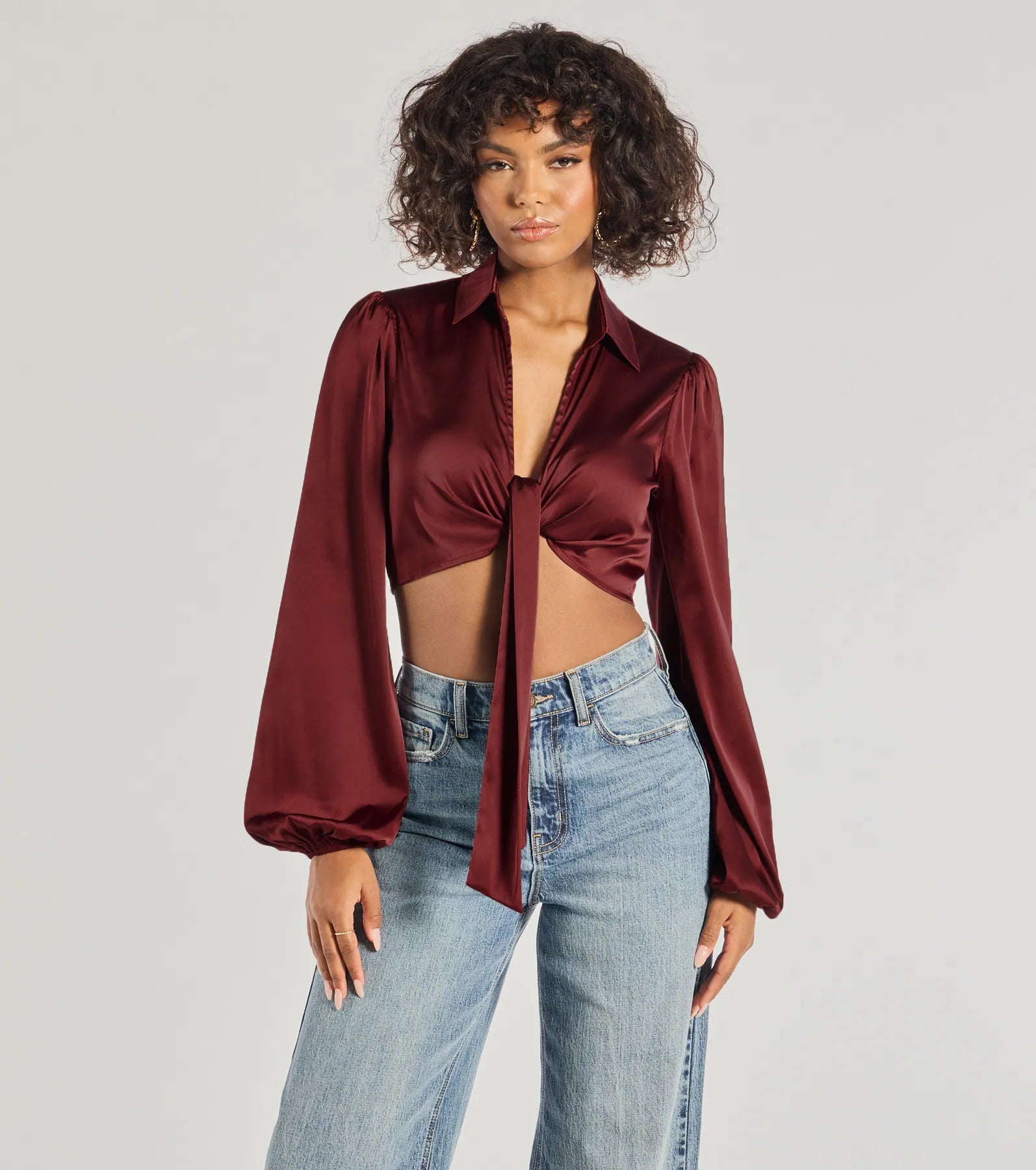 Windsor Sleek Mood Satin Tie-Front Crop Top
