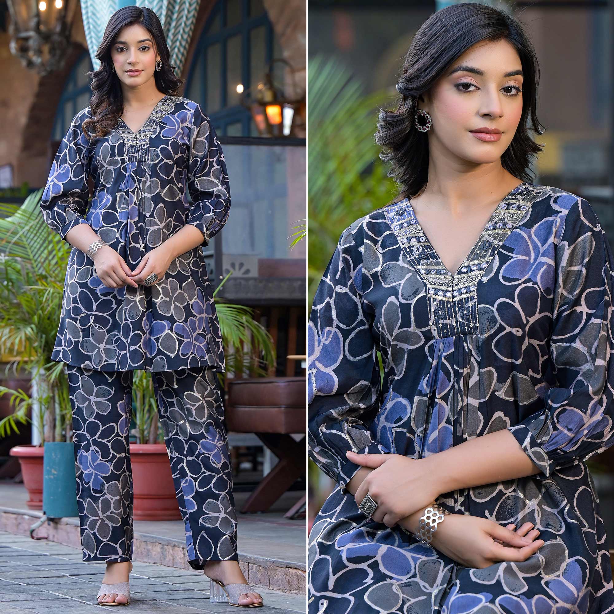 Peachmode Denim Blue Floral Printed Chanderi Silk Co-Ord Set