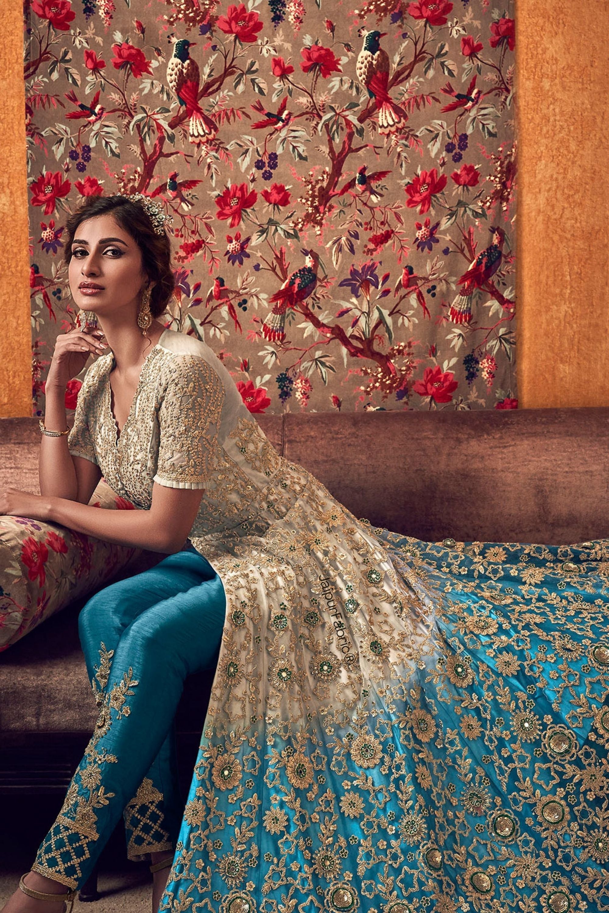 JaipurFabric® Off-White And Blue Heavy Embroidered Lehenga/ Pant Style Embroidered Lehenga Style Anarkali Suit