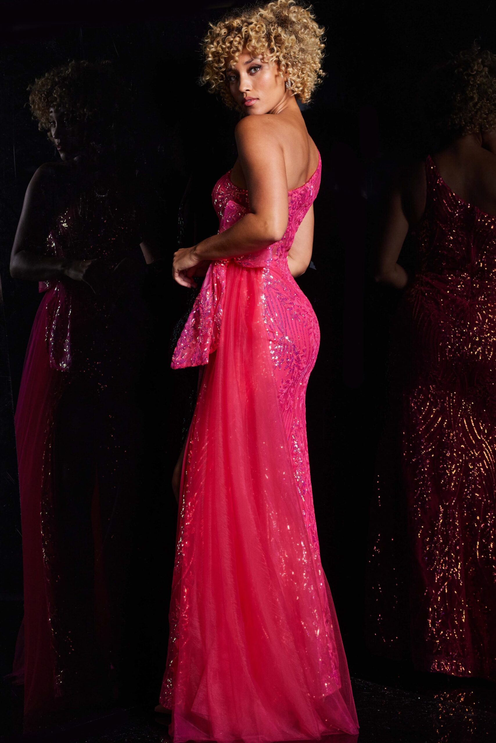 Sequin Fitted One Shoulder Slit Gown by Jovani 39384 - view 2