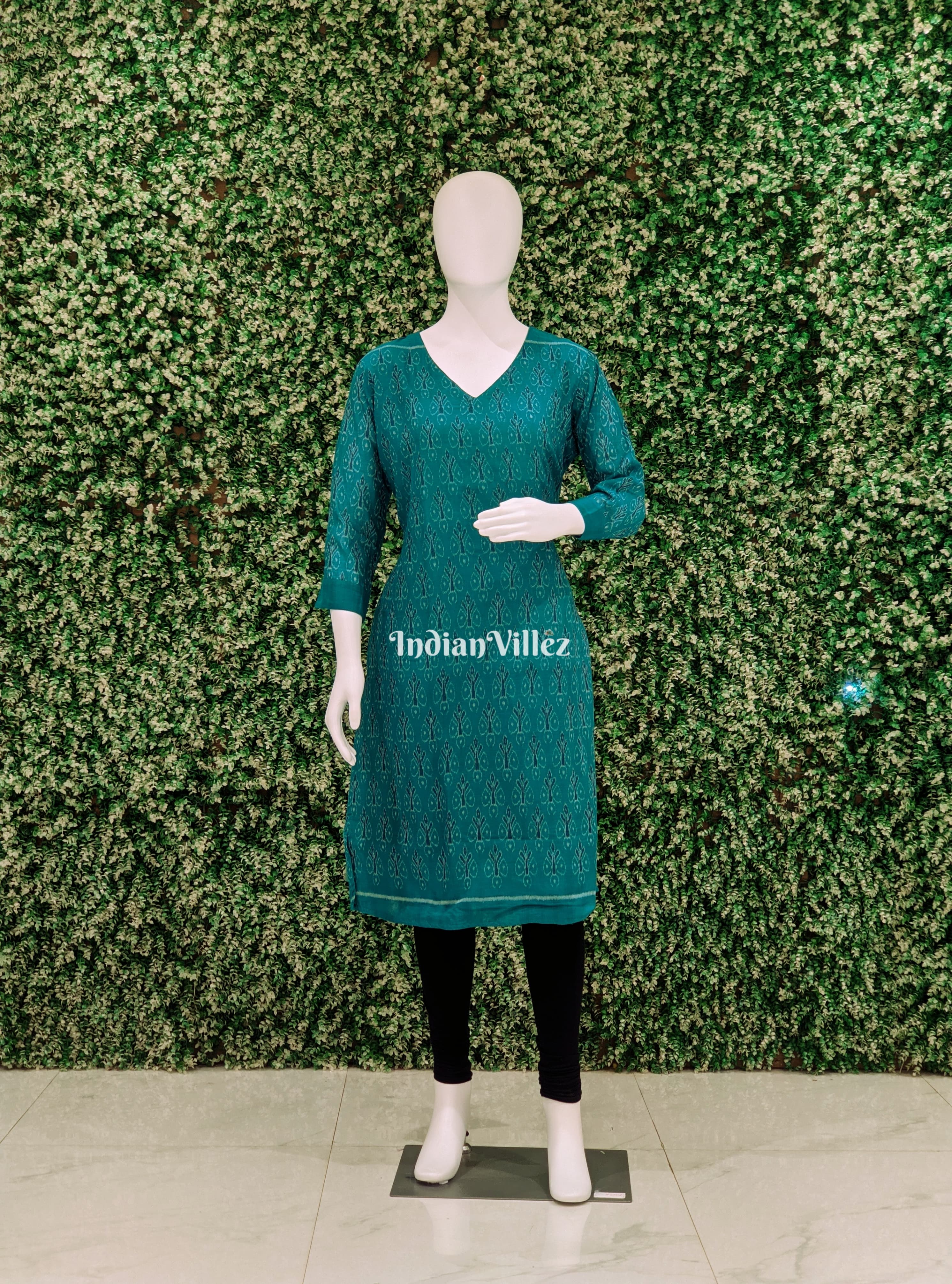 IndianVillèz Teal Green Odisha Ikat Designer Cotton Kurti