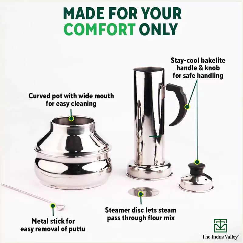 The Indus Valley Stainless Steel Puttu Maker, Premium Quality, 100% Toxin-free, Non-stick, Bakelite Handle, Induction & Gas - view 4
