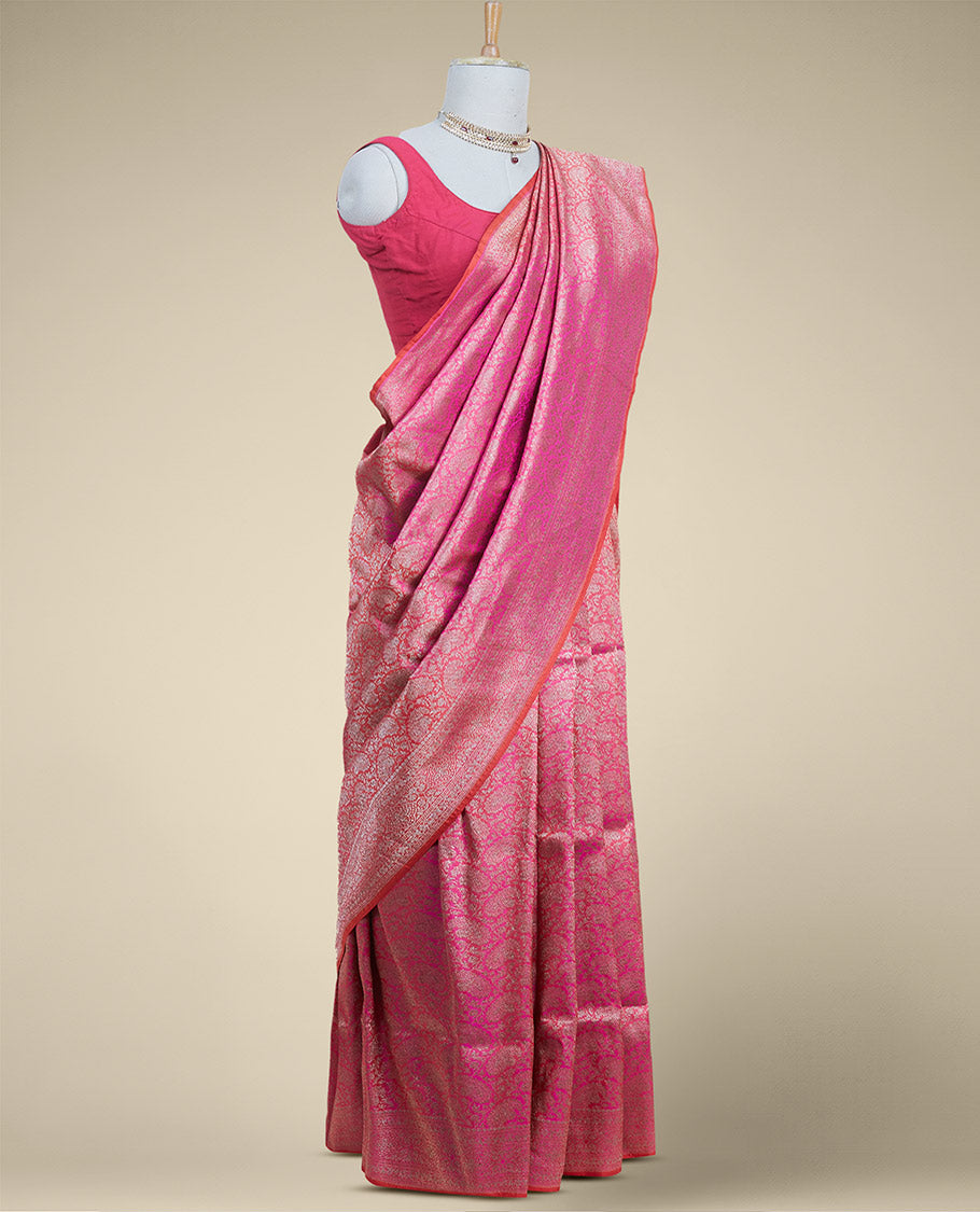 Pothys Pink floral jacquard banaras silk saree with self intricate zari border - view 2