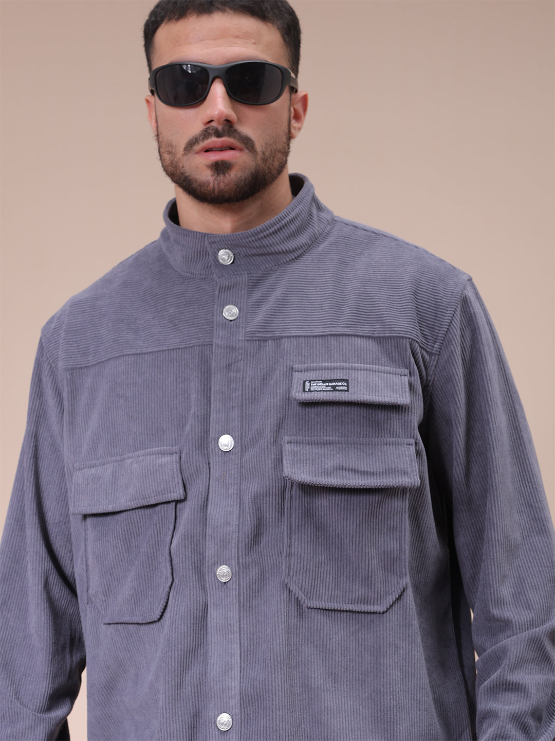 The Indian Garage Co Men's Grey Relaxed Fit Knitted Corduroy Utility Jacket