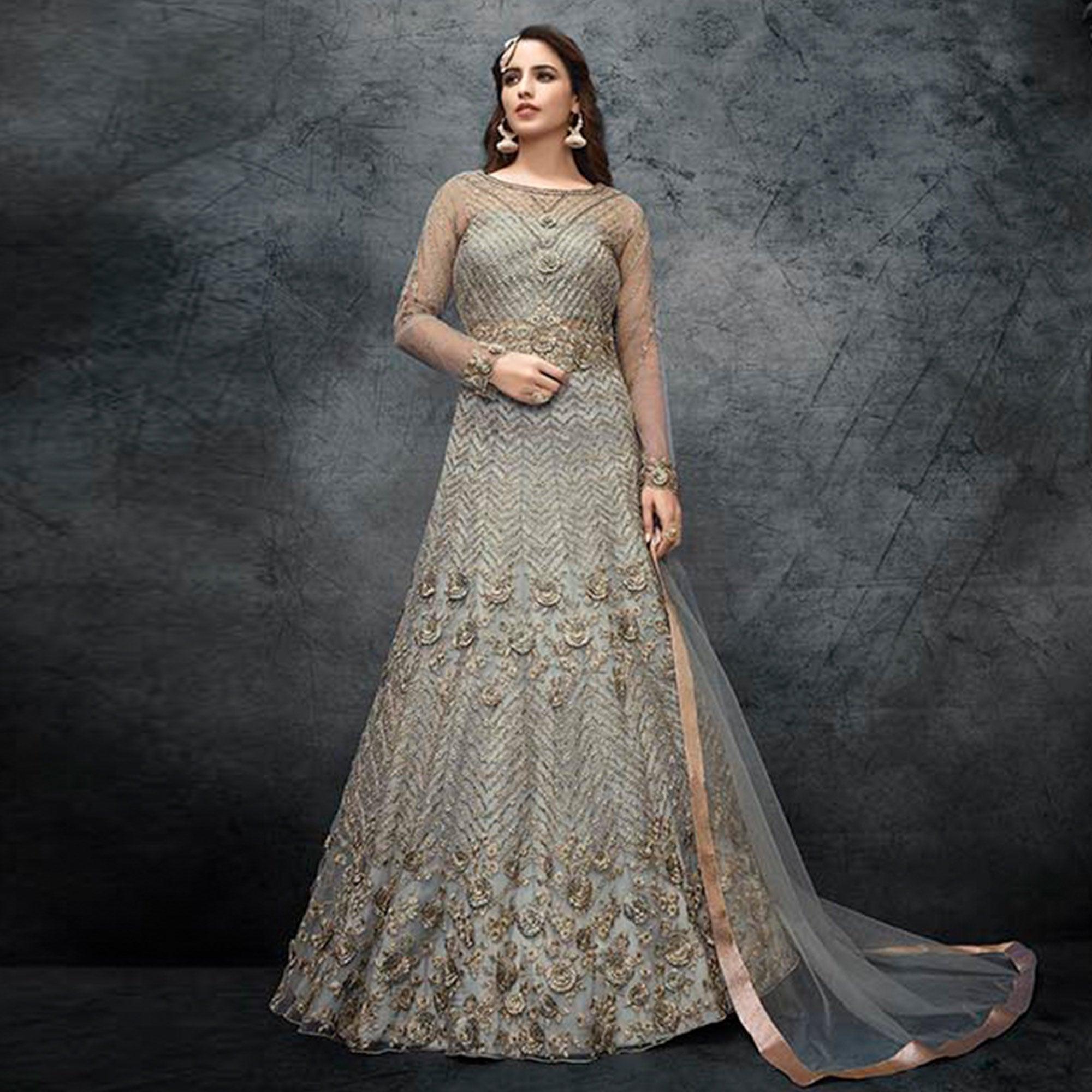 Peachmode Grey Partywear Embroidered Handwork Soft Net Gown