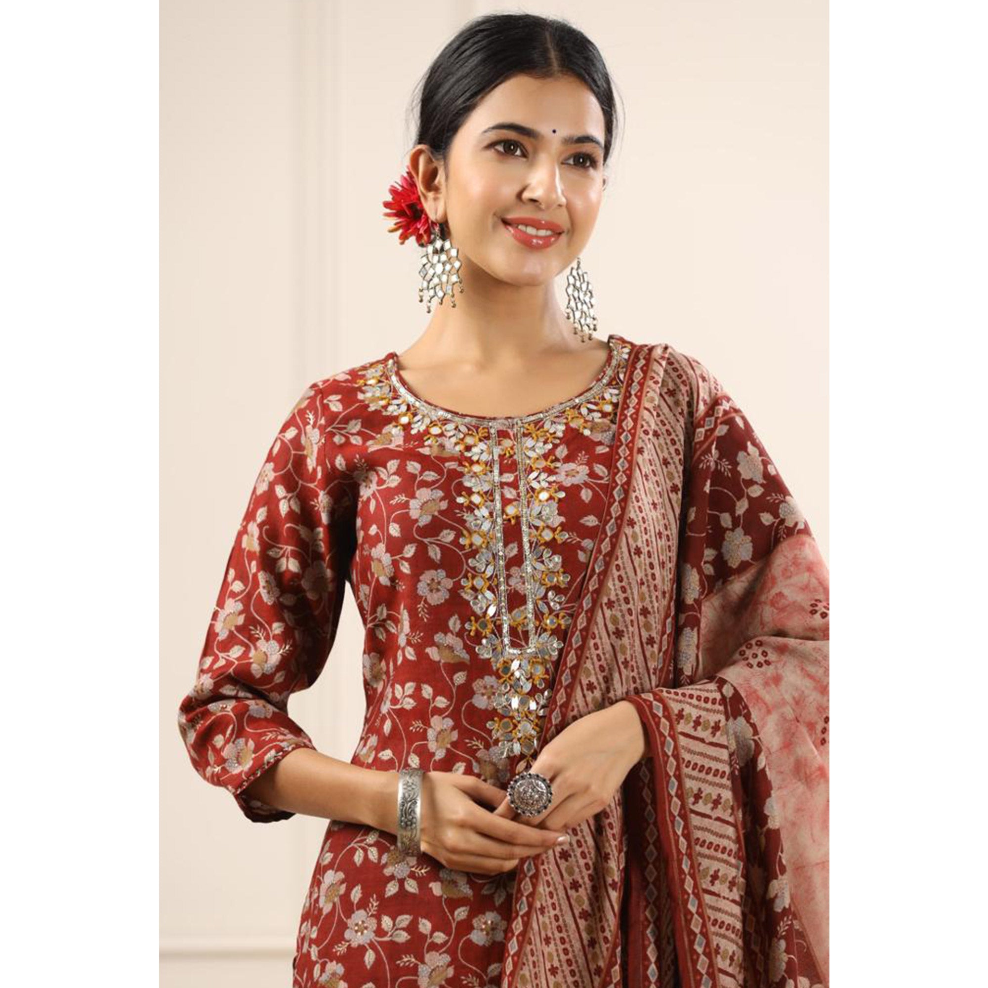 Peachmode Maroon Jaipuri Printed Chanderi Salwar Suit - view 8