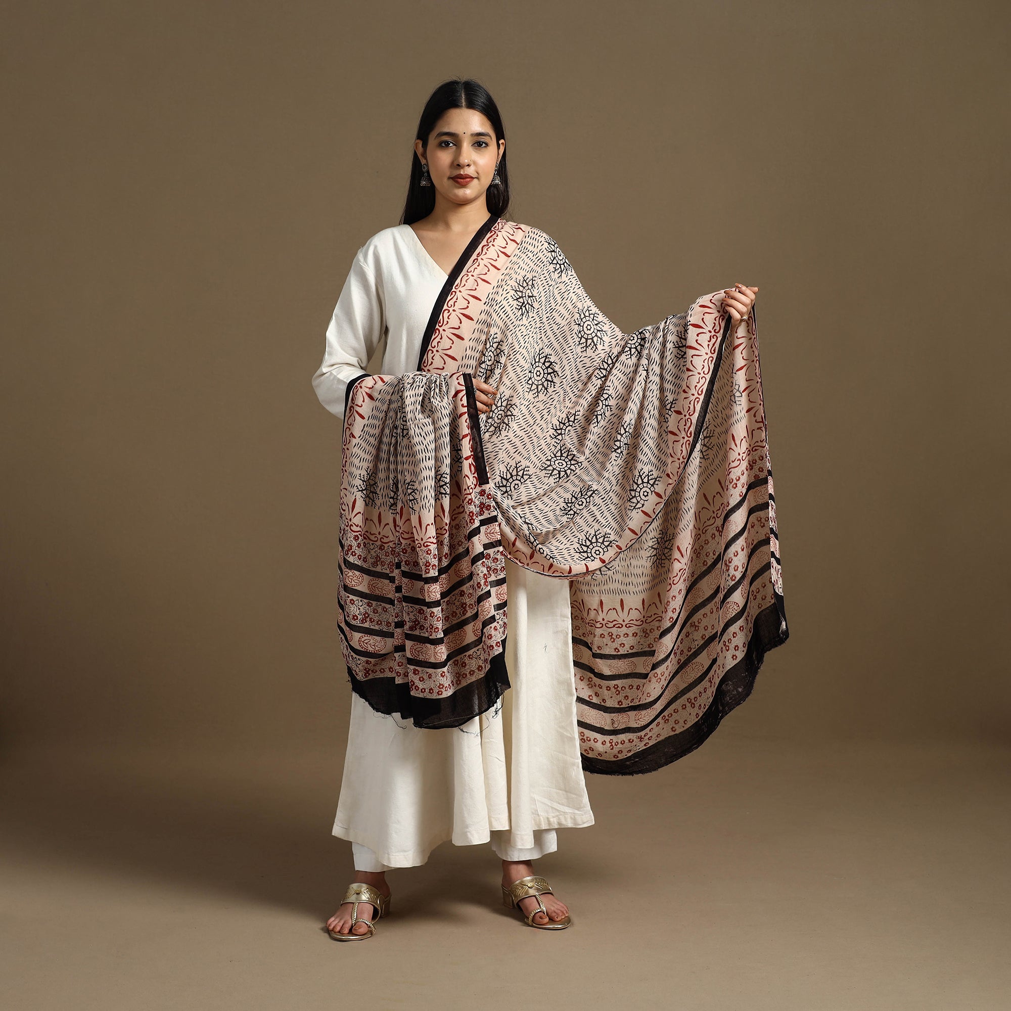 ARTISAN HAND BLOCK PRINTS Beige - Block Print Mul Cotton Bagru Dupatta 09