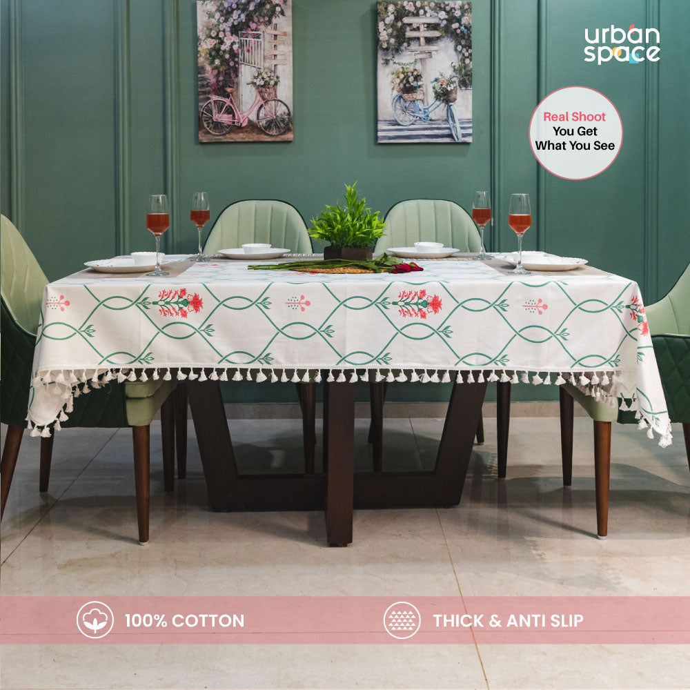 Urban Space Home Furnishing 100% Cotton Dining Table Cover, Printed Cotton Table Cloth with Boho Tassels - Floral Ripples Pink - view 2