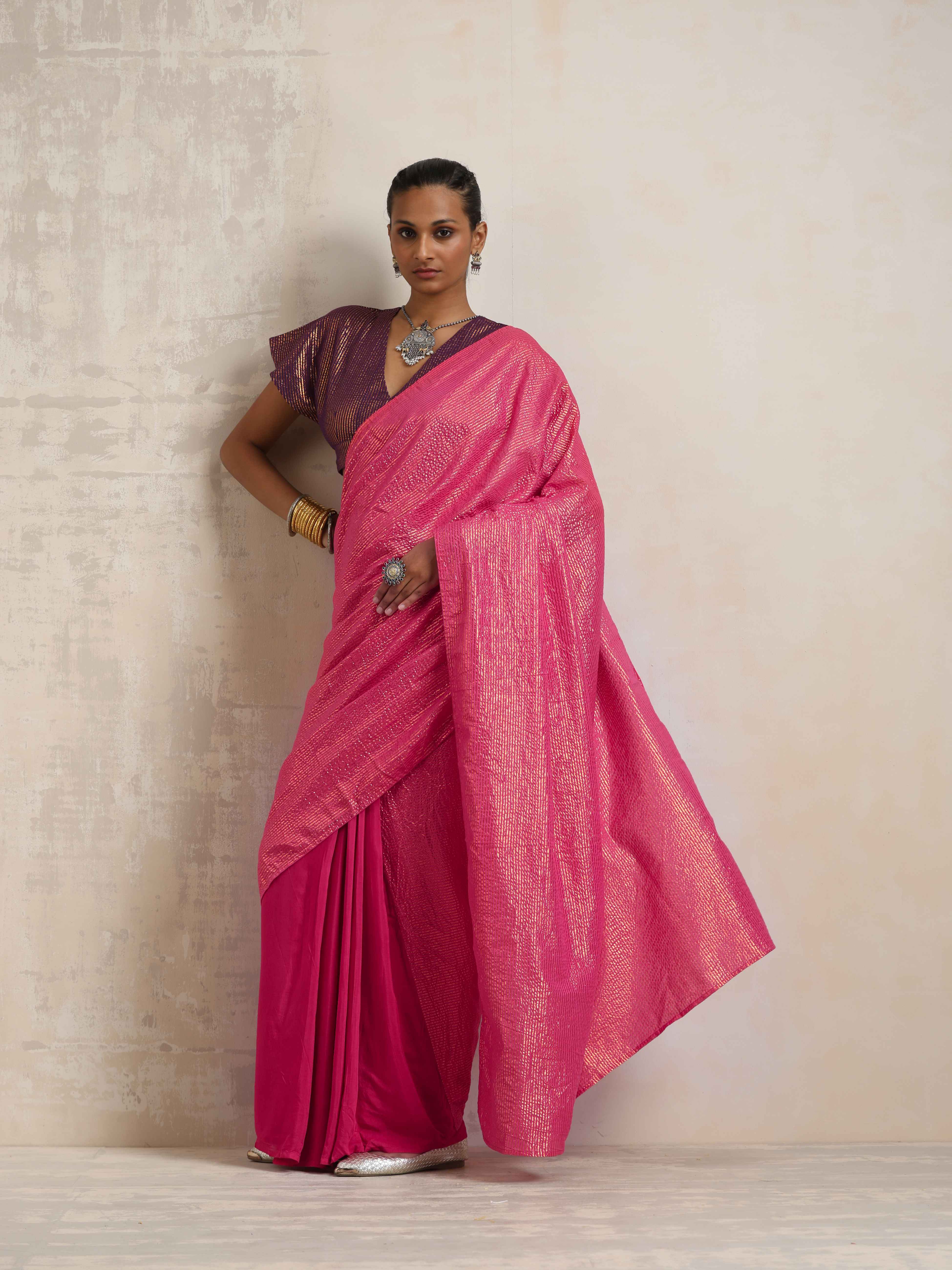trueBrowns Pink Gold Metallic Ready To Wear Saree - view 3