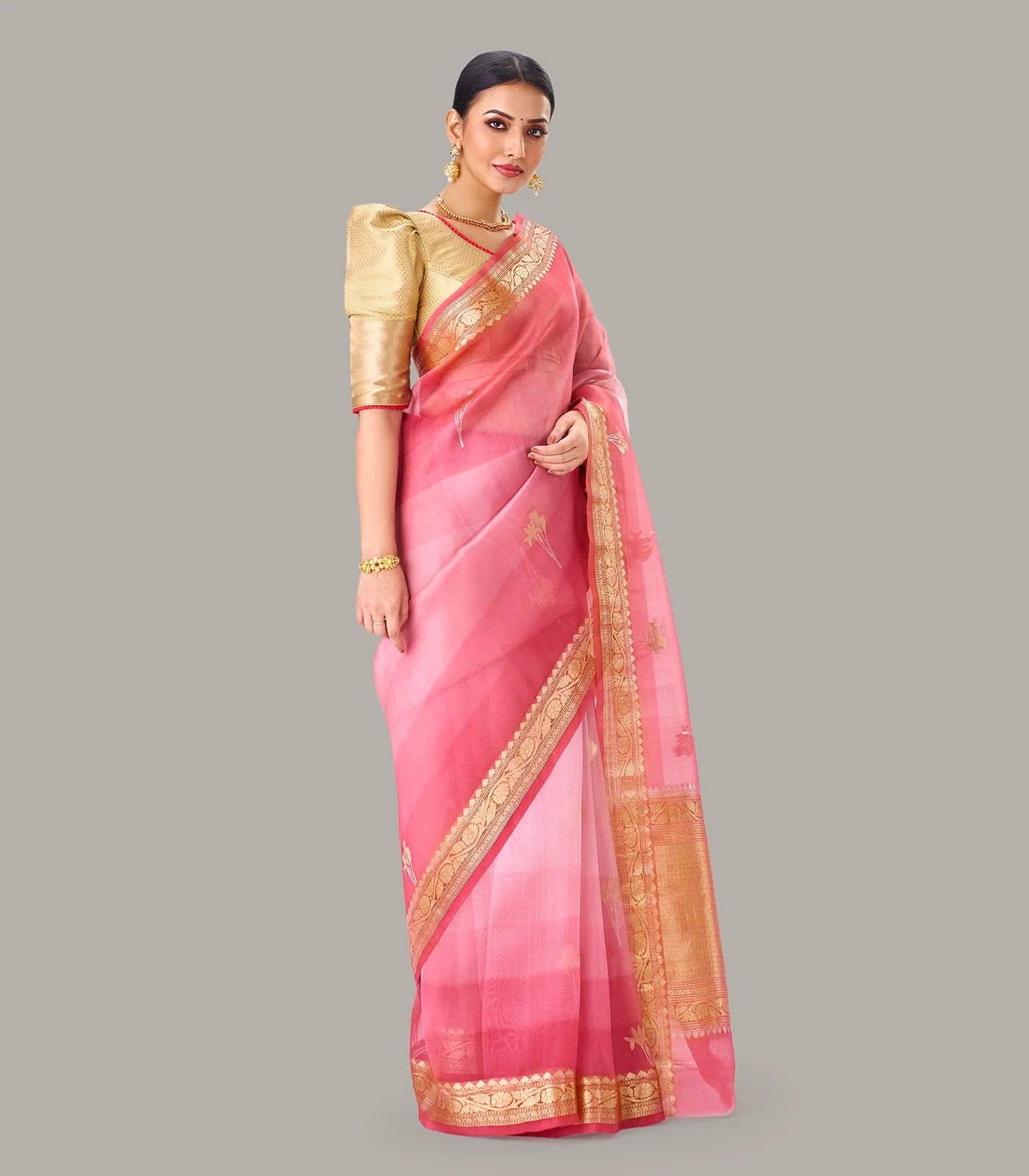 RmKV Dark Peach Banarasi Organza Silk Saree With Floral Motifs - view 4