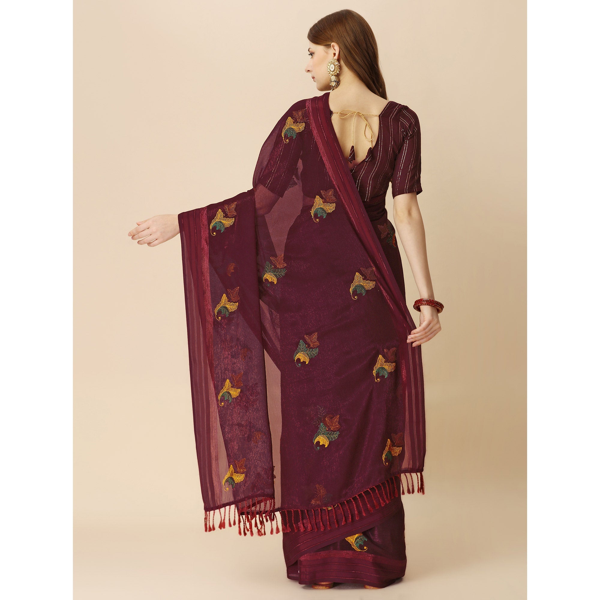 Peachmode Maroon Floral Embroidered Chiffon Saree With With Tassels - view 6
