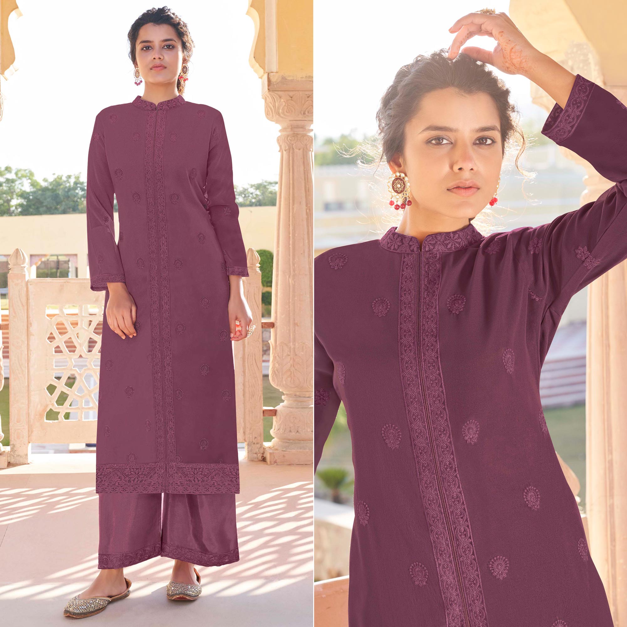 Peachmode Seller Mauve Lucknowi Embroidered Georgette Kurti Palazzo Set