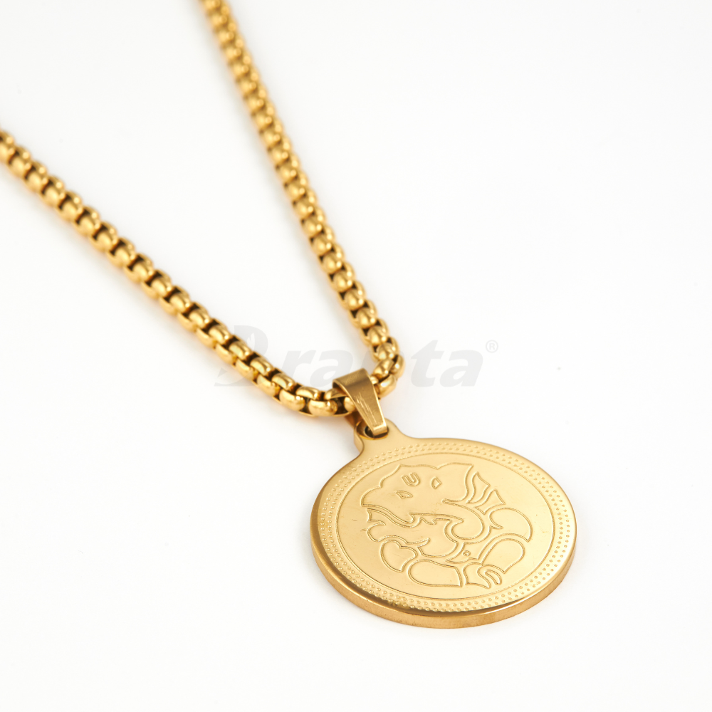 Branta Ganesha's Blessing Pendant Gold Stainless Steel Necklace Chain For Men (24 Inch)