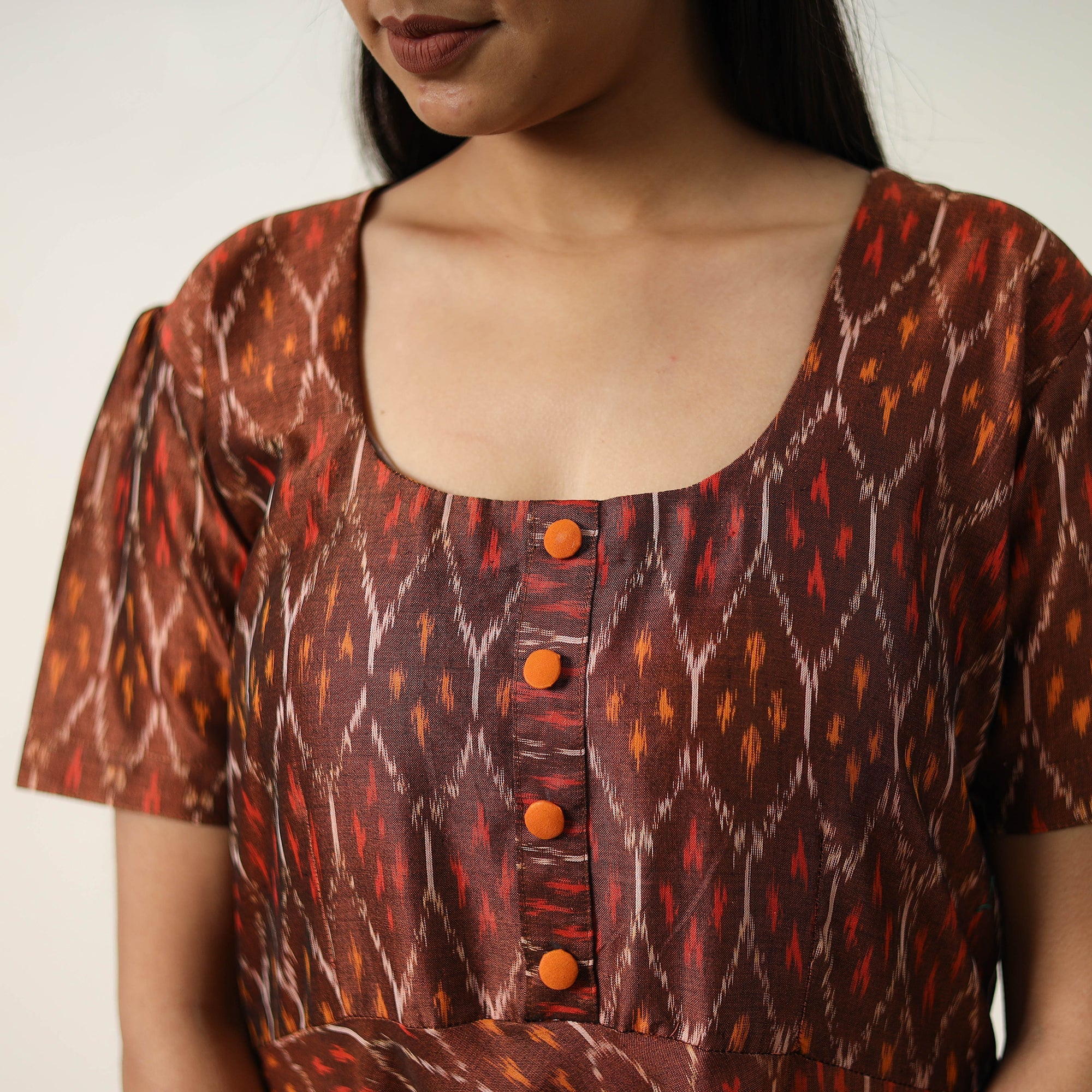 ITOKRI CASUALS Brown - Mercerized Cotton Flared Pochampally Ikat Dress 14 - view 5