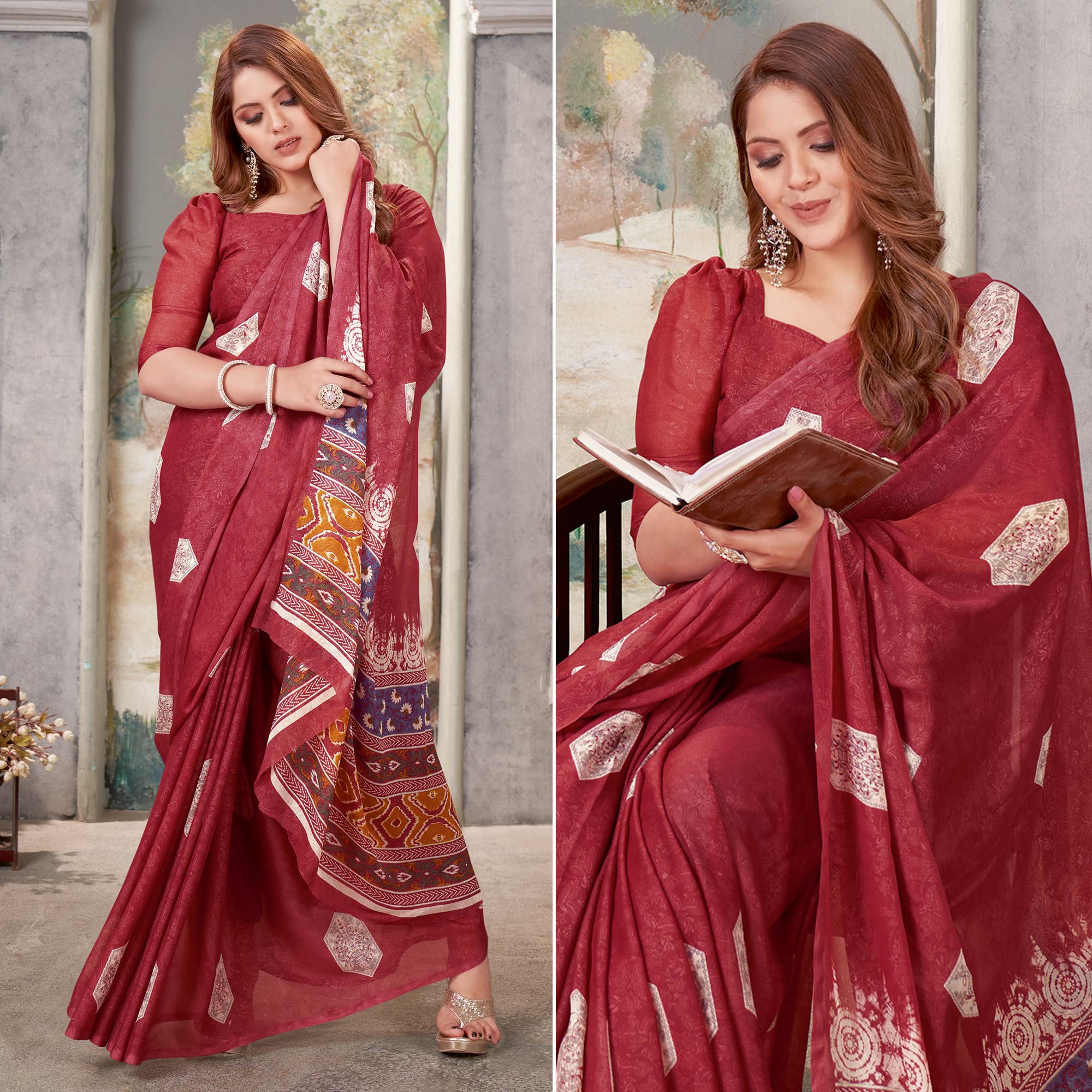 Peachmode Maroon Floral Printed Chiffon Saree