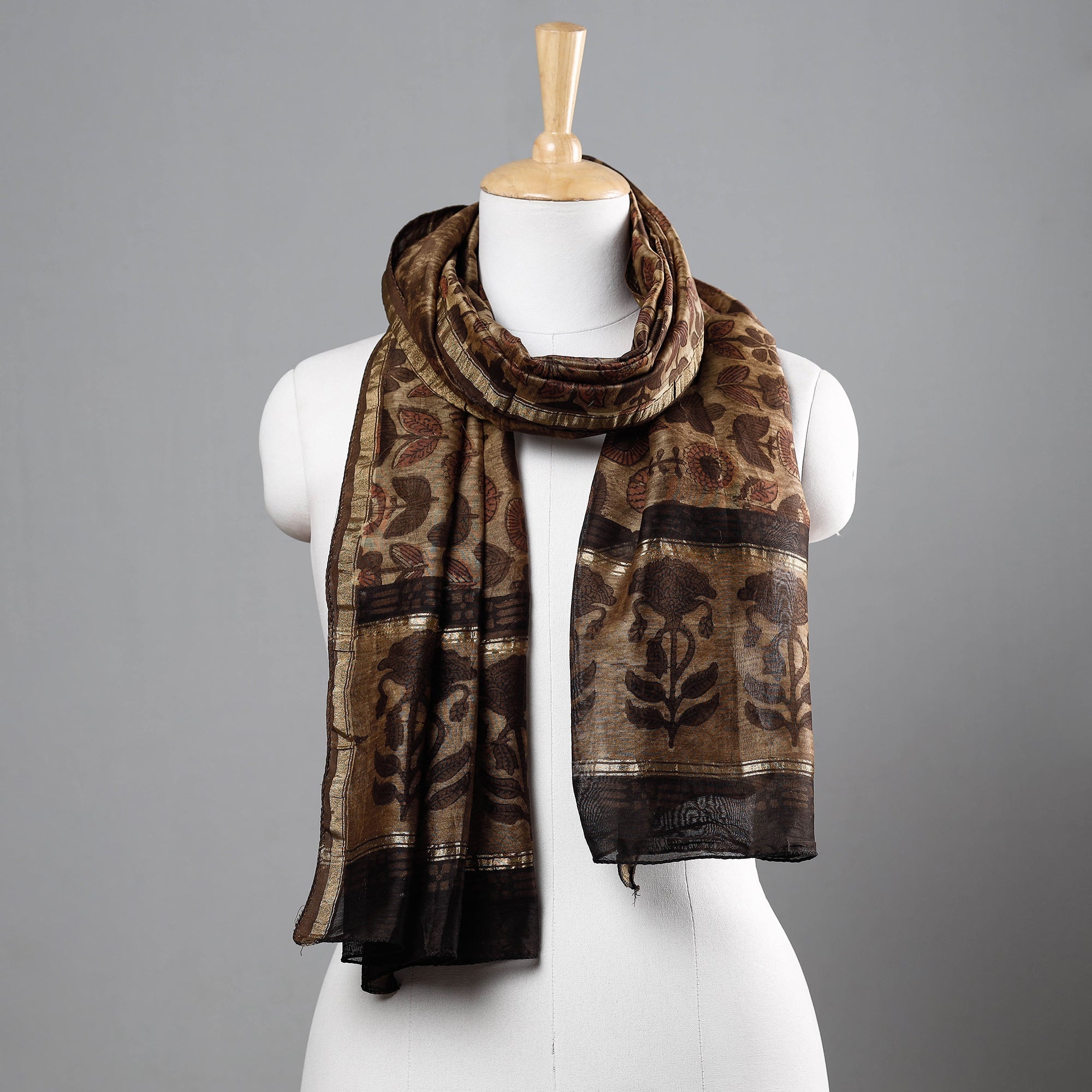 BAGRU DABU PRINTS Brown - Bagru Block Printed Chanderi Silk Handloom Stole with Zari Border
