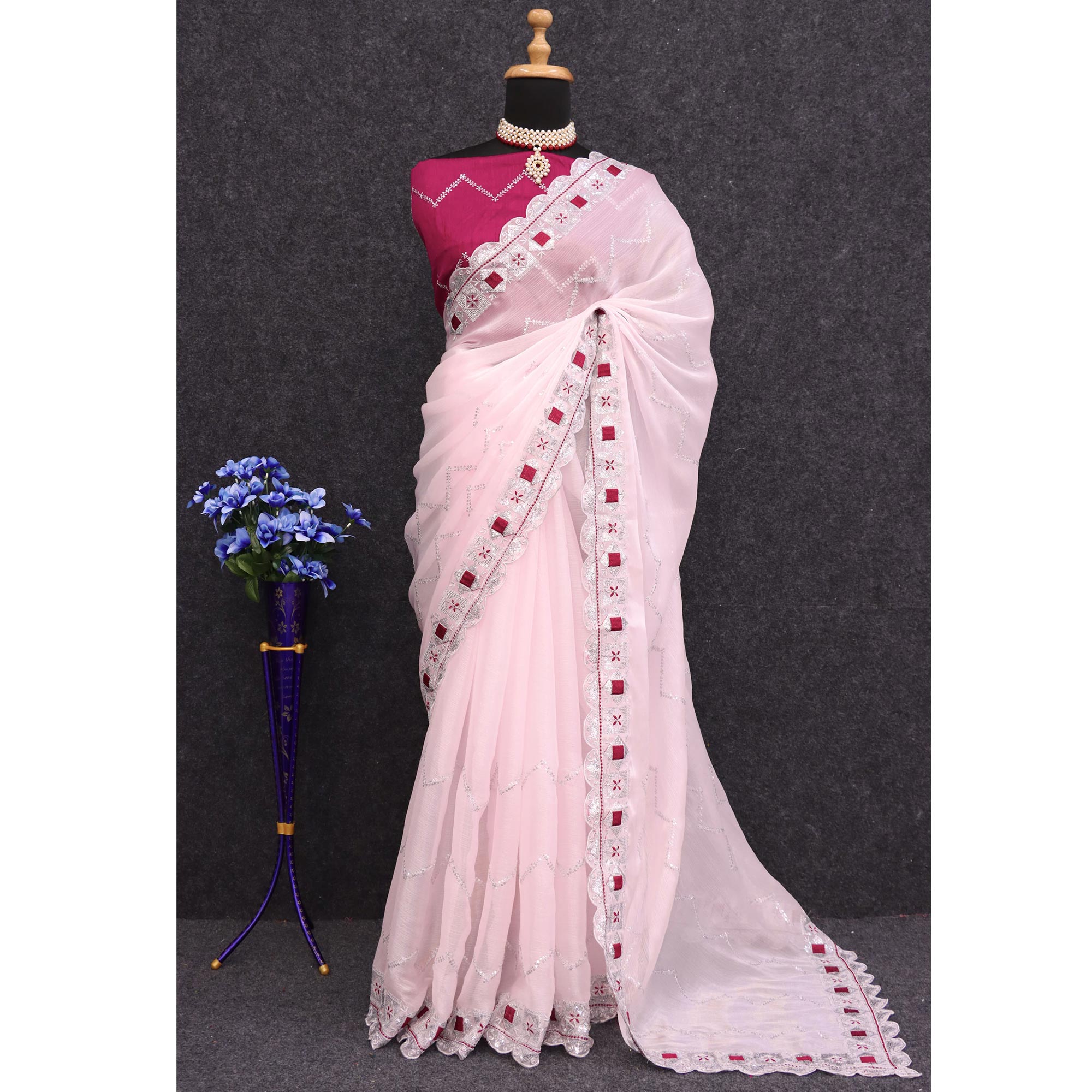 Peachmode Light Pink Sequins Embroidered Chiffon Saree - view 6