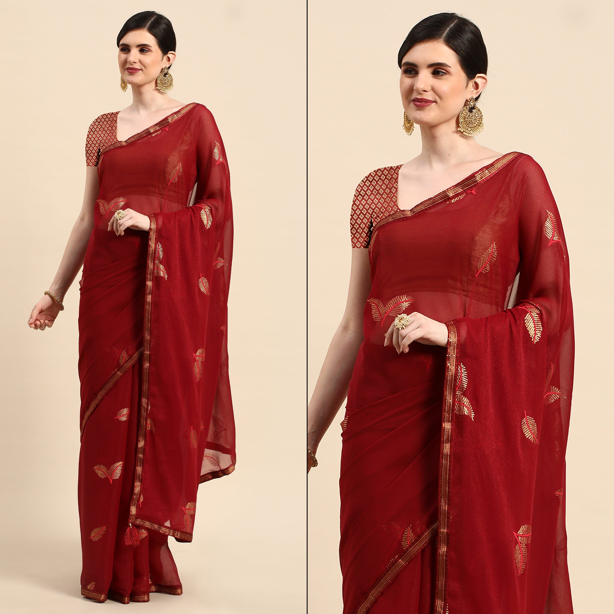 Peachmode Maroon Sequins Embroidered Chiffon Saree With Tassels