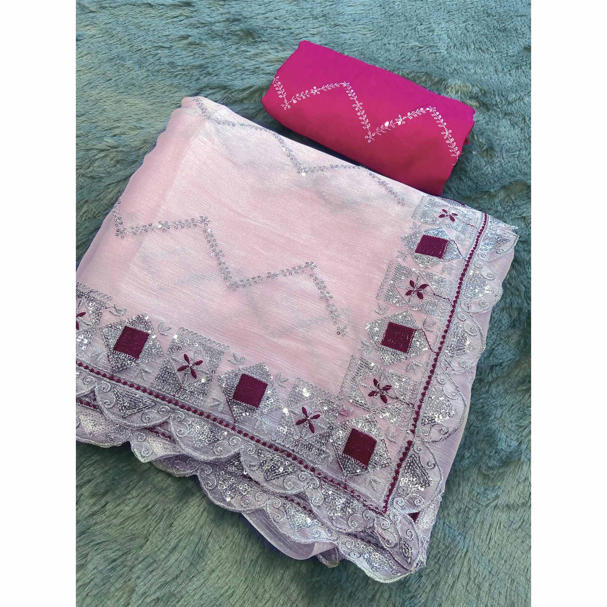 Peachmode Light Pink Sequins Embroidered Chiffon Saree - view 5