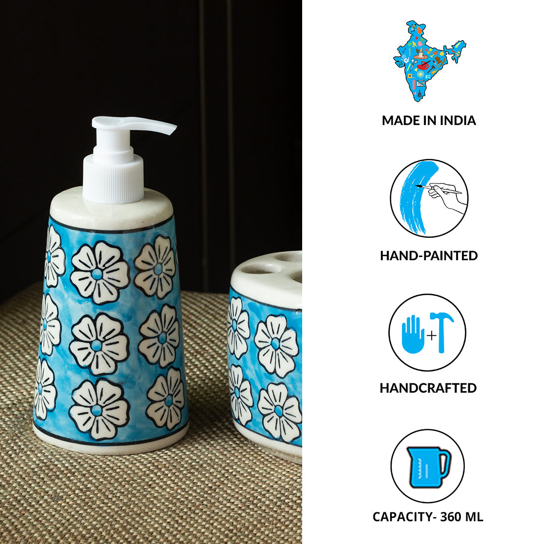 EXCLUSIVELANE 'Turquoise Mogra' Handpainted Bathroom Accessory Set In Ceramic (Liquid Soap Dispenser, Toothbrush Holder) - view 5