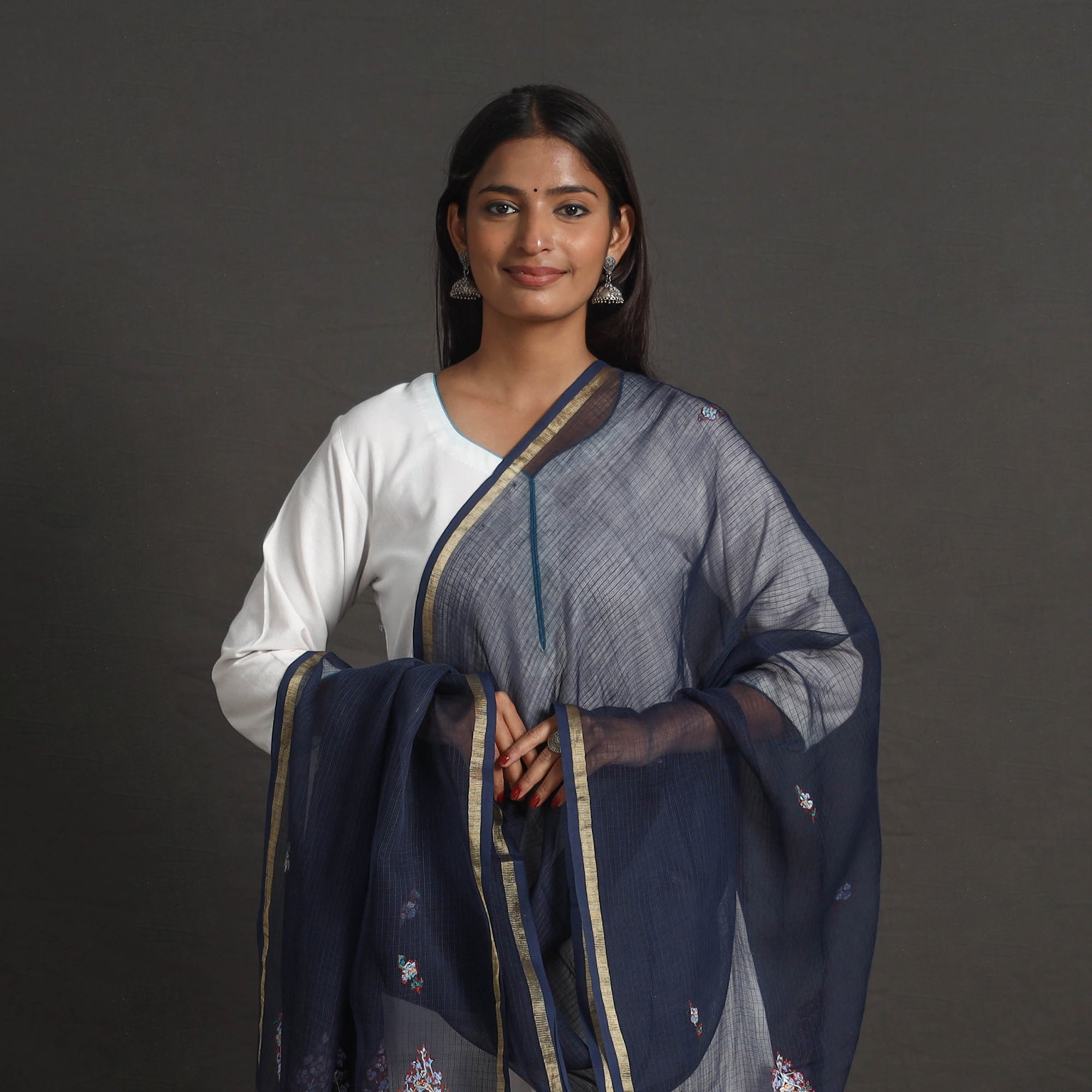 ITOKRI CRAFTS INITIATIVE Kota Doria Silk Cotton Kashida Embroidery Dupatta 59 - view 3