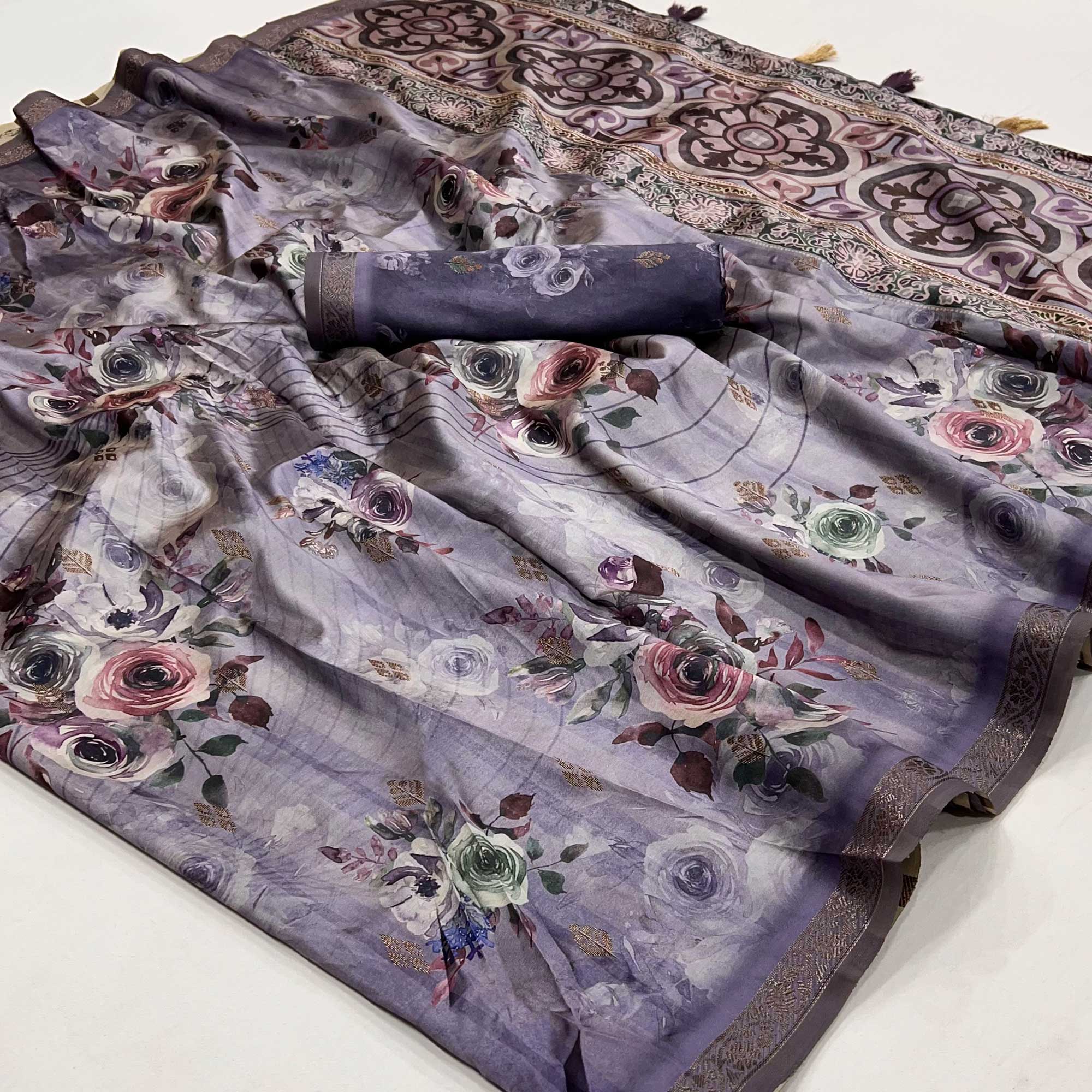 Peachmode Light Purple Floral Digital Printed Cotton Silk Saree With Zari Border